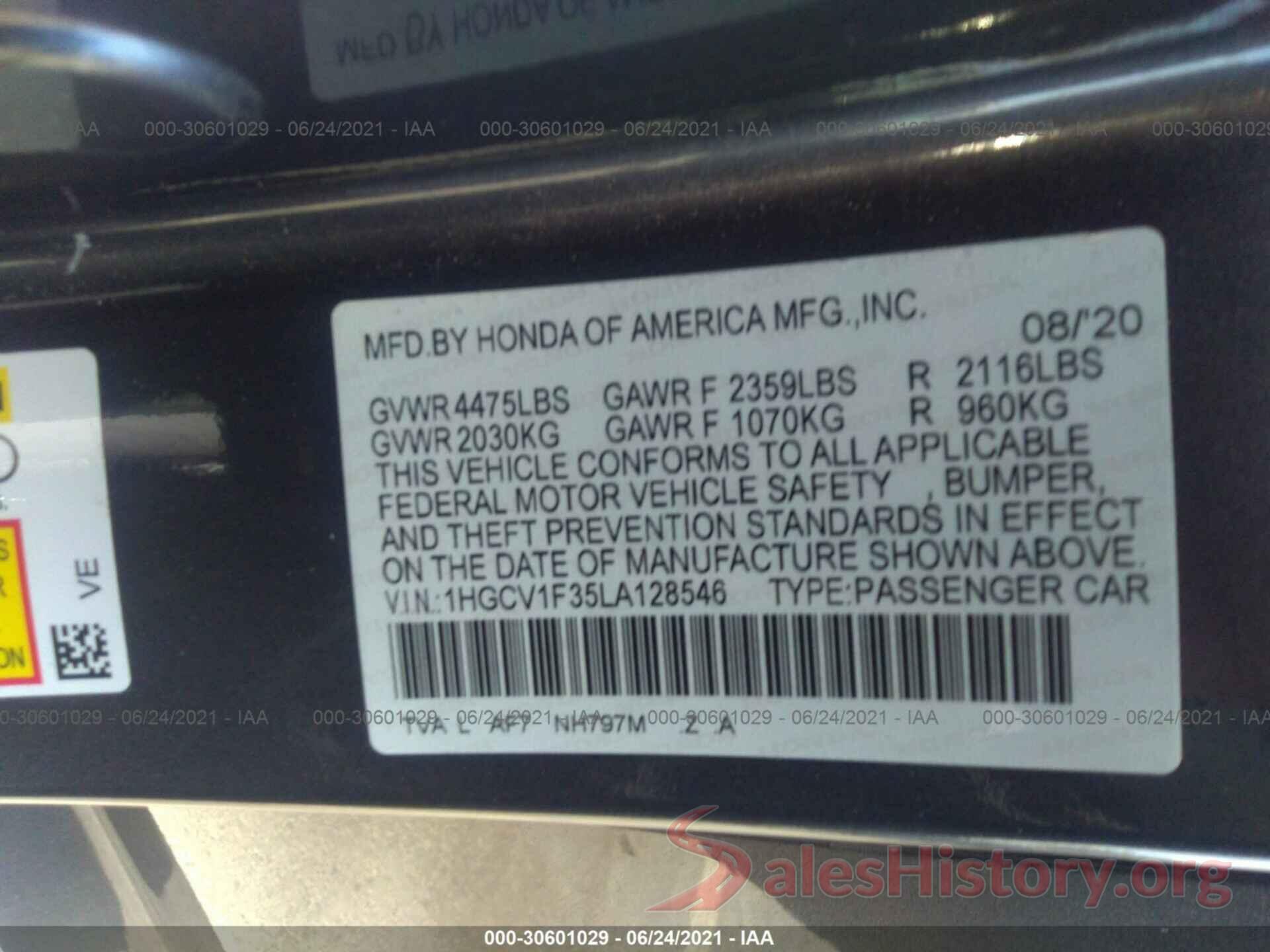 1HGCV1F35LA128546 2020 HONDA ACCORD SEDAN