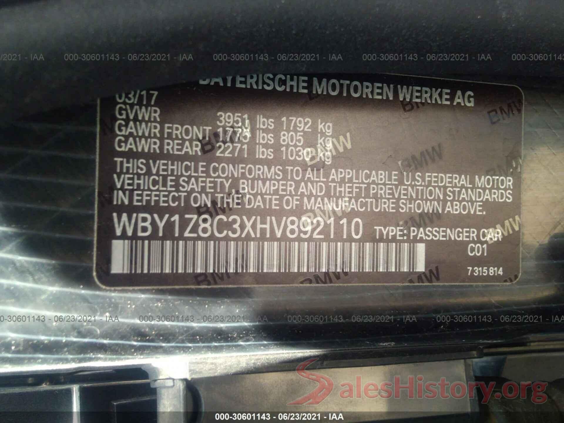 WBY1Z8C3XHV892110 2017 BMW I3