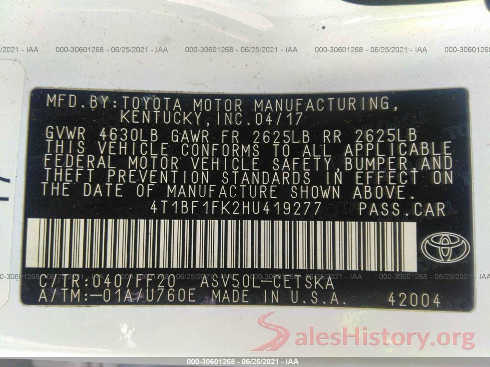 4T1BF1FK2HU419277 2017 TOYOTA CAMRY