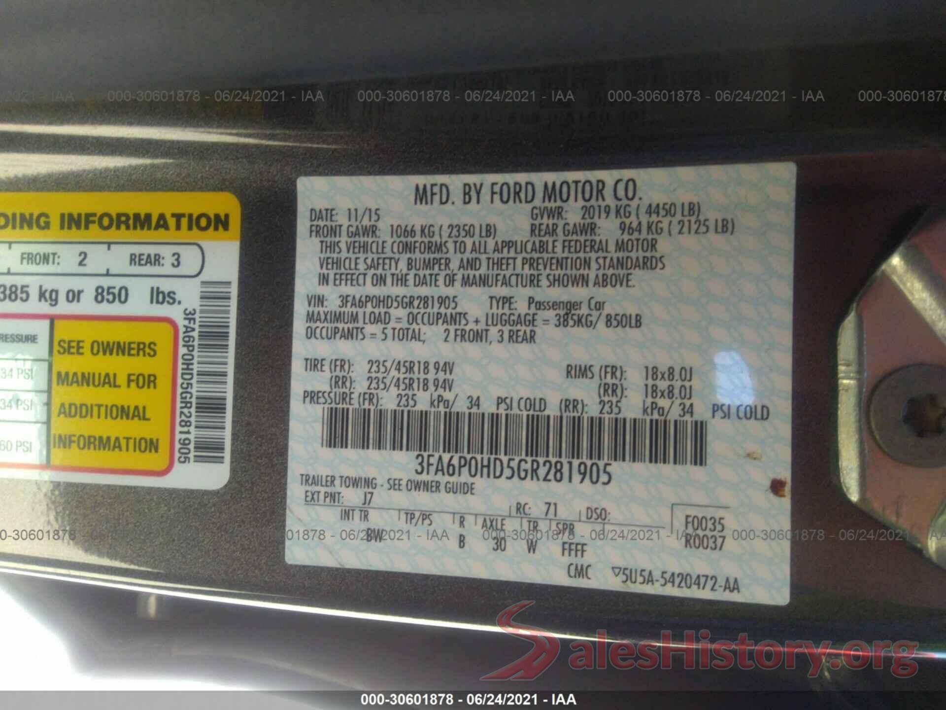 3FA6P0HD5GR281905 2016 FORD FUSION