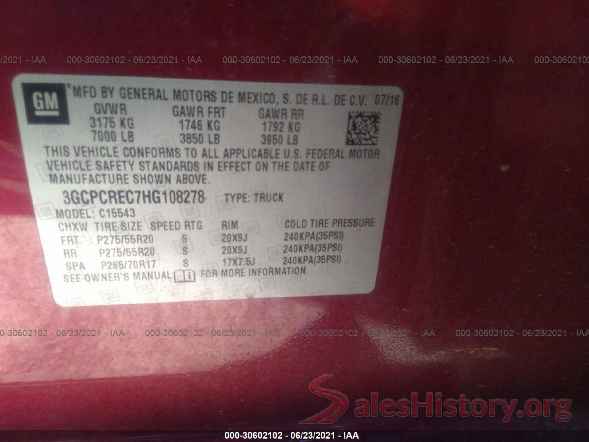 3GCPCREC7HG108278 2017 CHEVROLET SILVERADO 1500