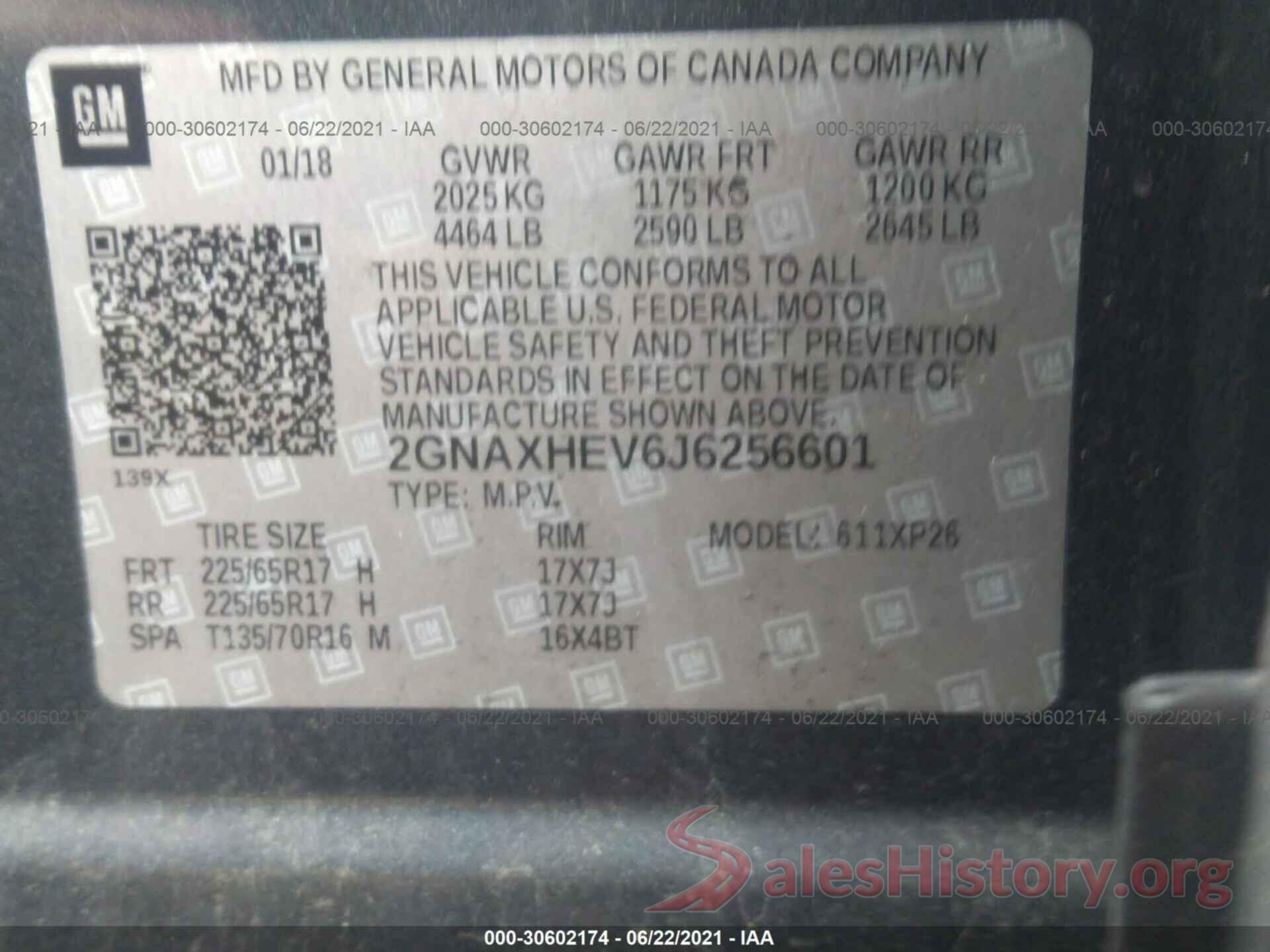 2GNAXHEV6J6256601 2018 CHEVROLET EQUINOX