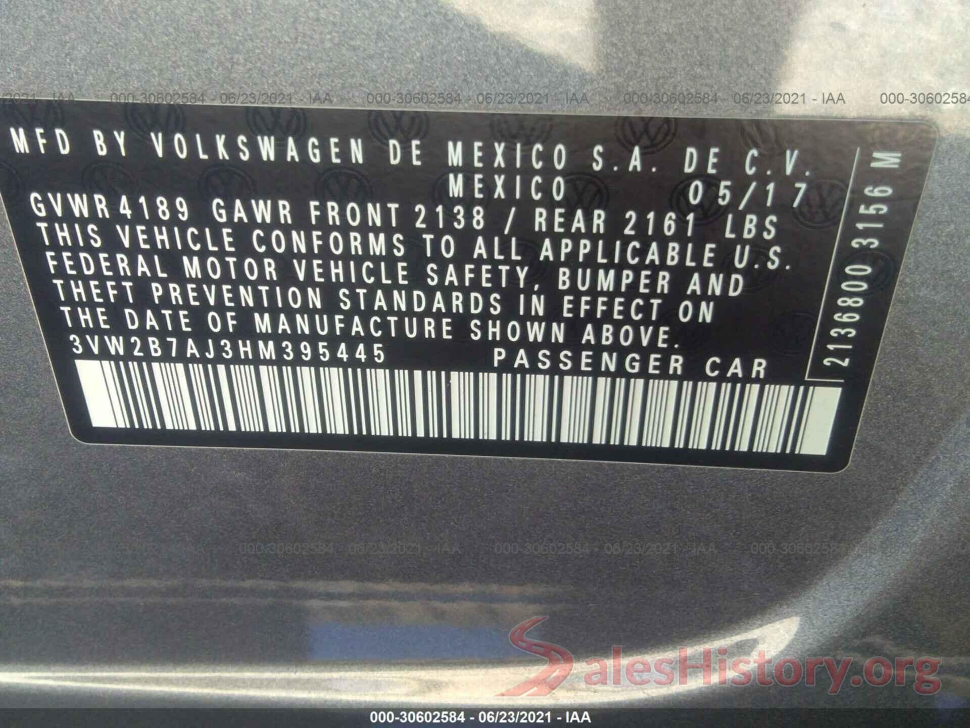 3VW2B7AJ3HM395445 2017 VOLKSWAGEN JETTA