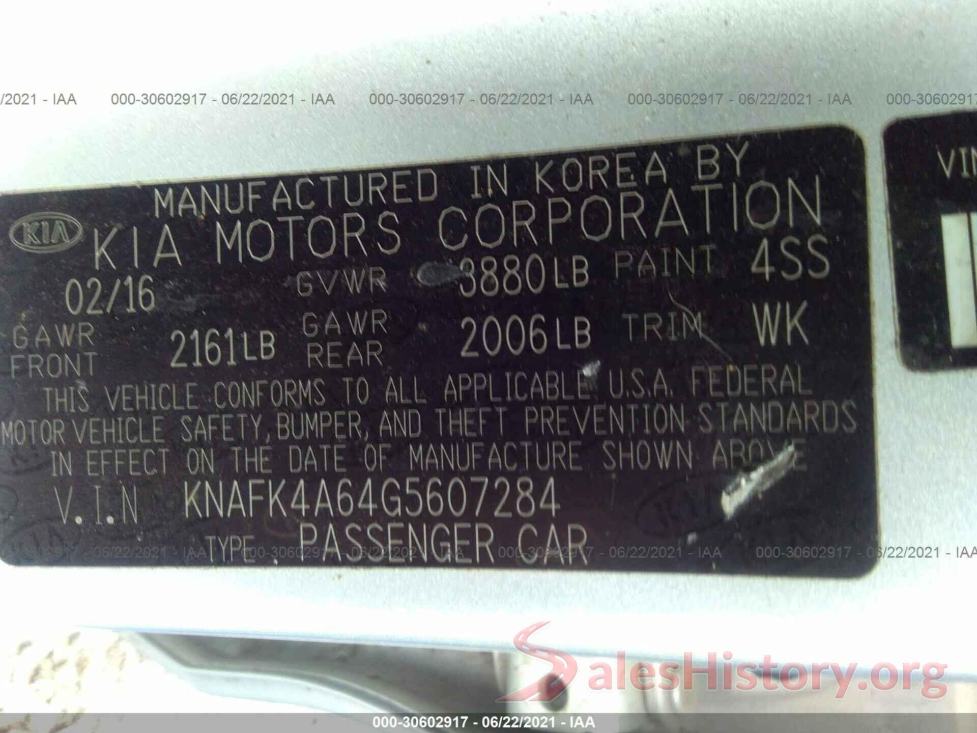 KNAFK4A64G5607284 2016 KIA FORTE