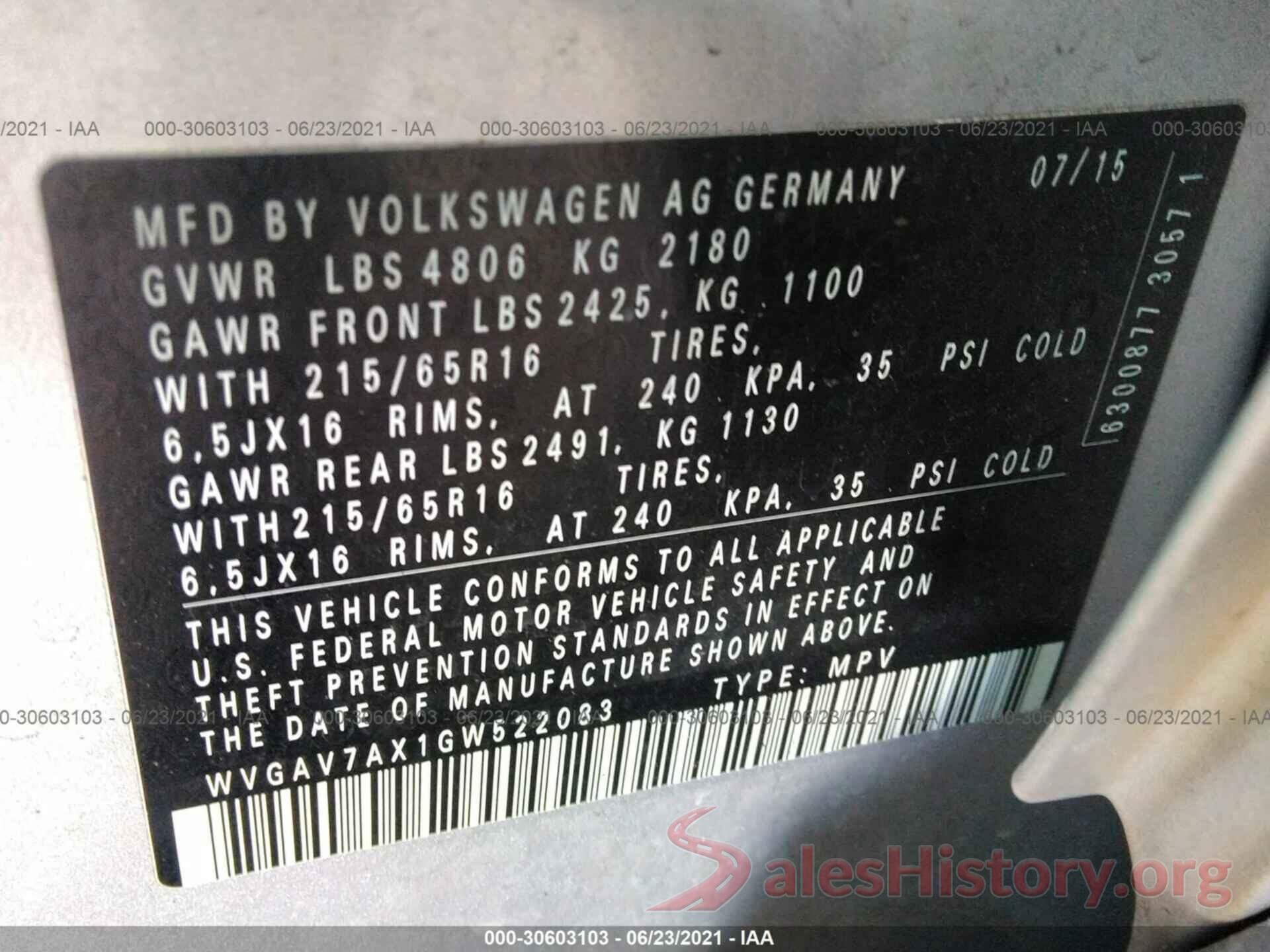 WVGAV7AX1GW522083 2016 VOLKSWAGEN TIGUAN