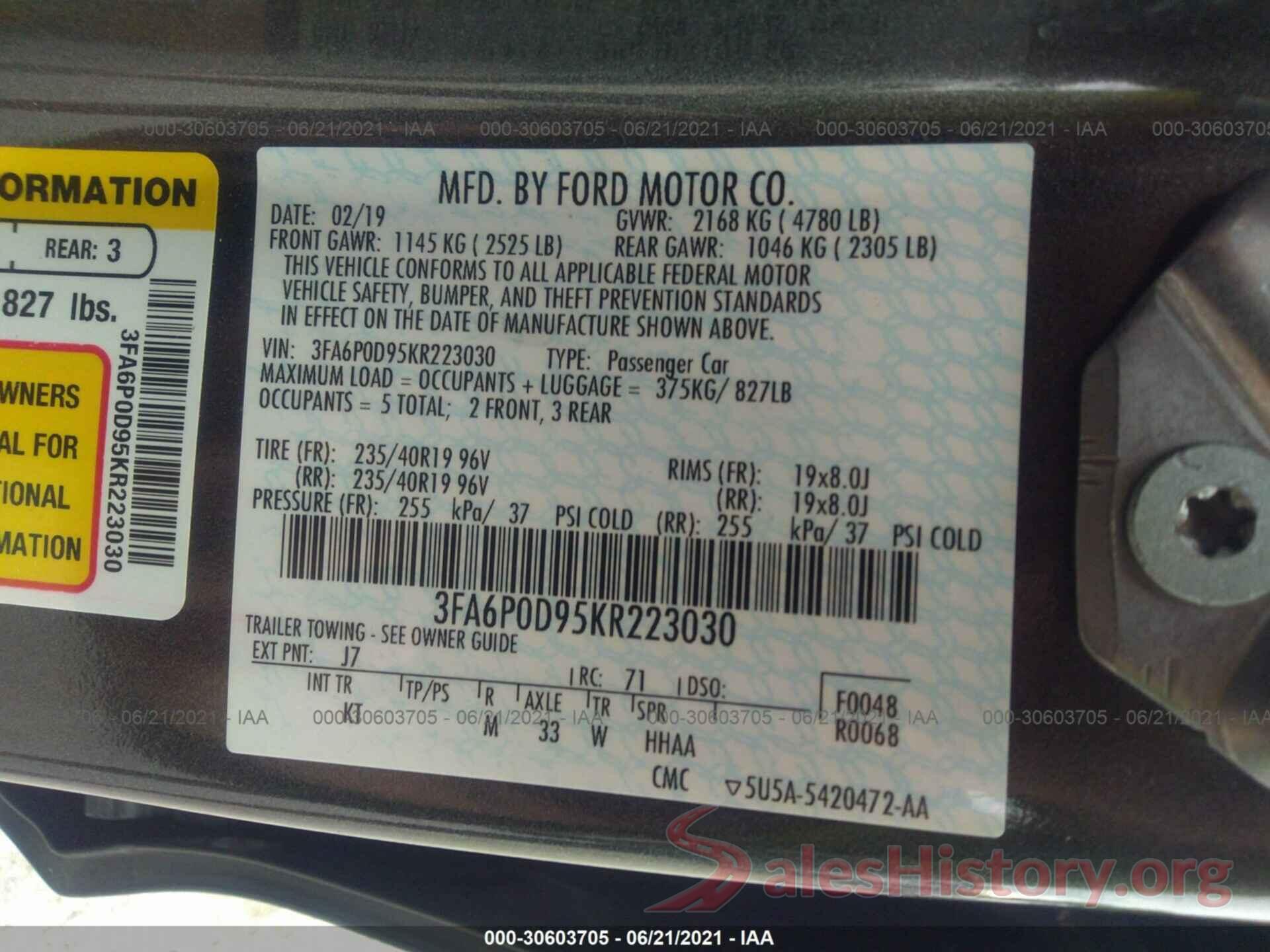 3FA6P0D95KR223030 2019 FORD FUSION