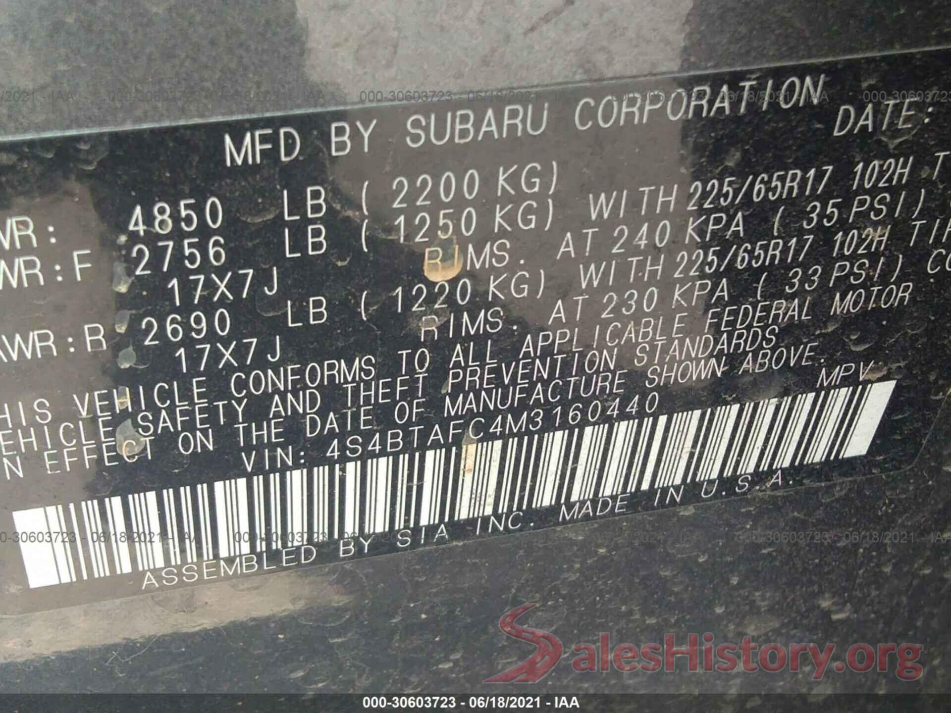 4S4BTAFC4M3160440 2021 SUBARU OUTBACK