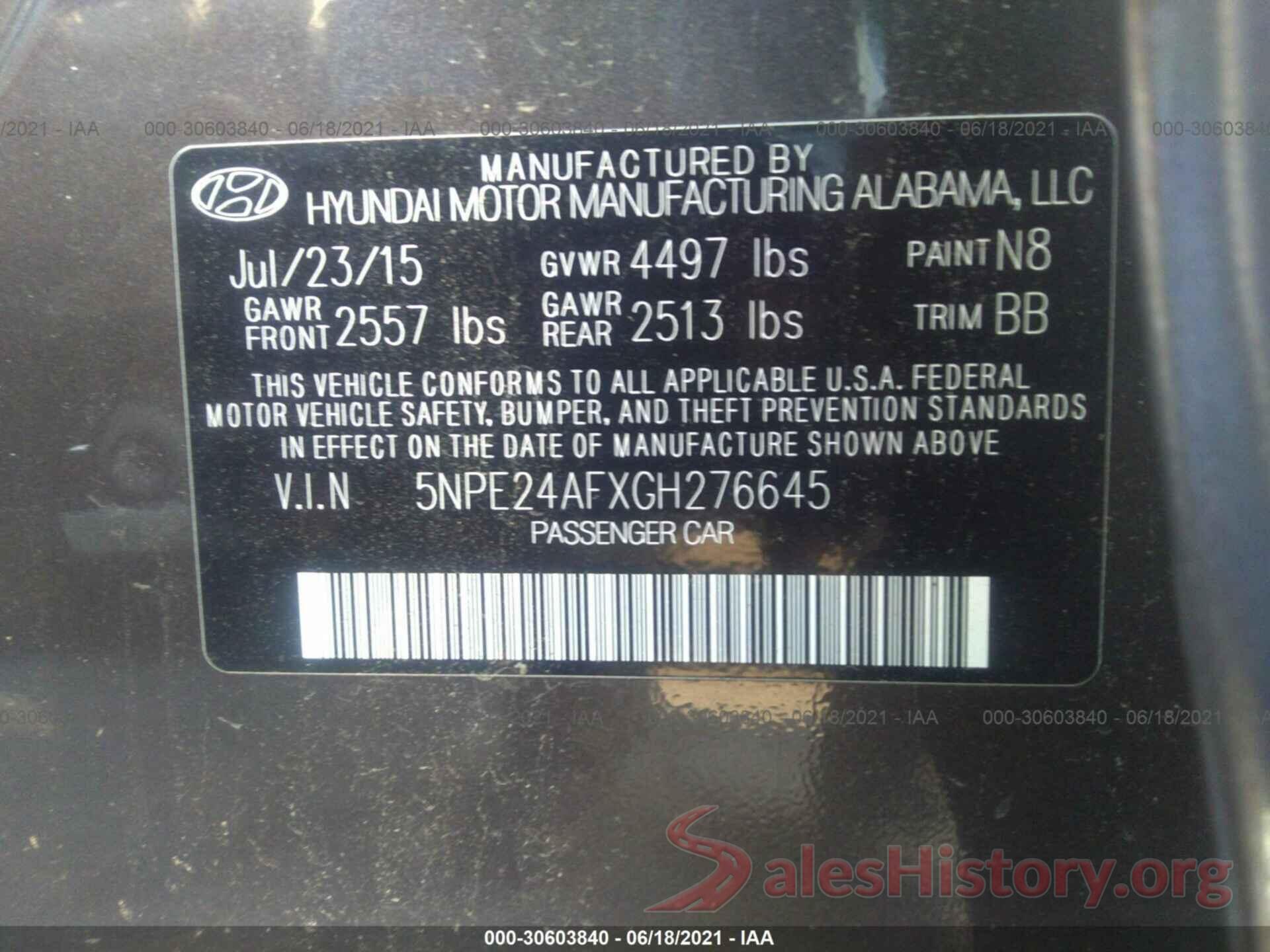 5NPE24AFXGH276645 2016 HYUNDAI SONATA