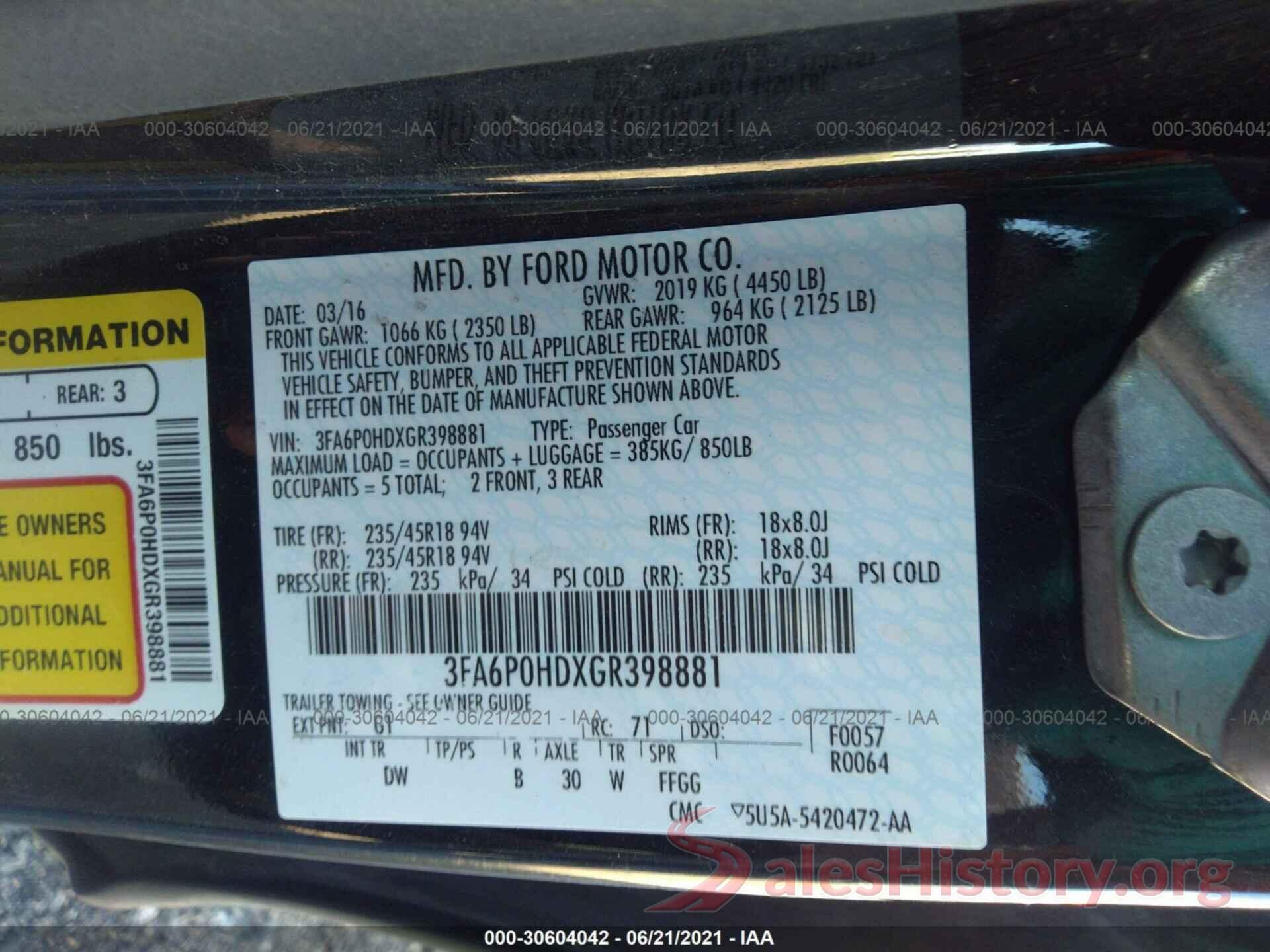 3FA6P0HDXGR398881 2016 FORD FUSION