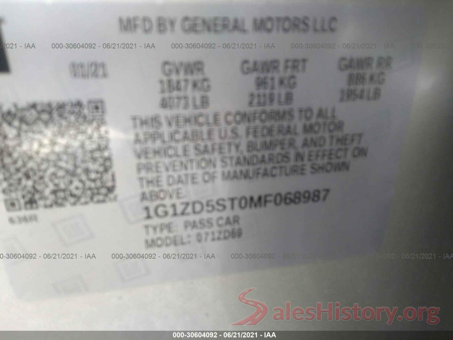 1G1ZD5ST0MF068987 2021 CHEVROLET MALIBU