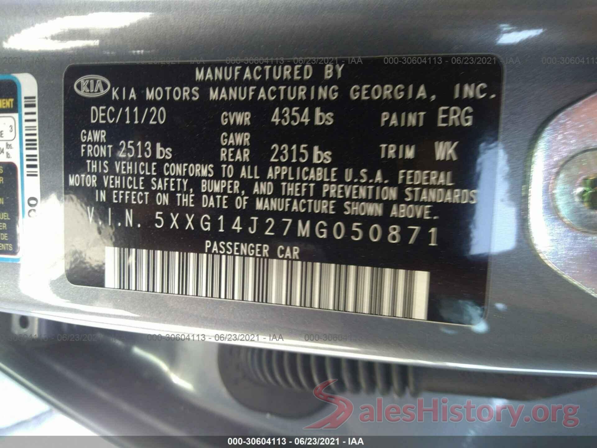 5XXG14J27MG050871 2021 KIA K5