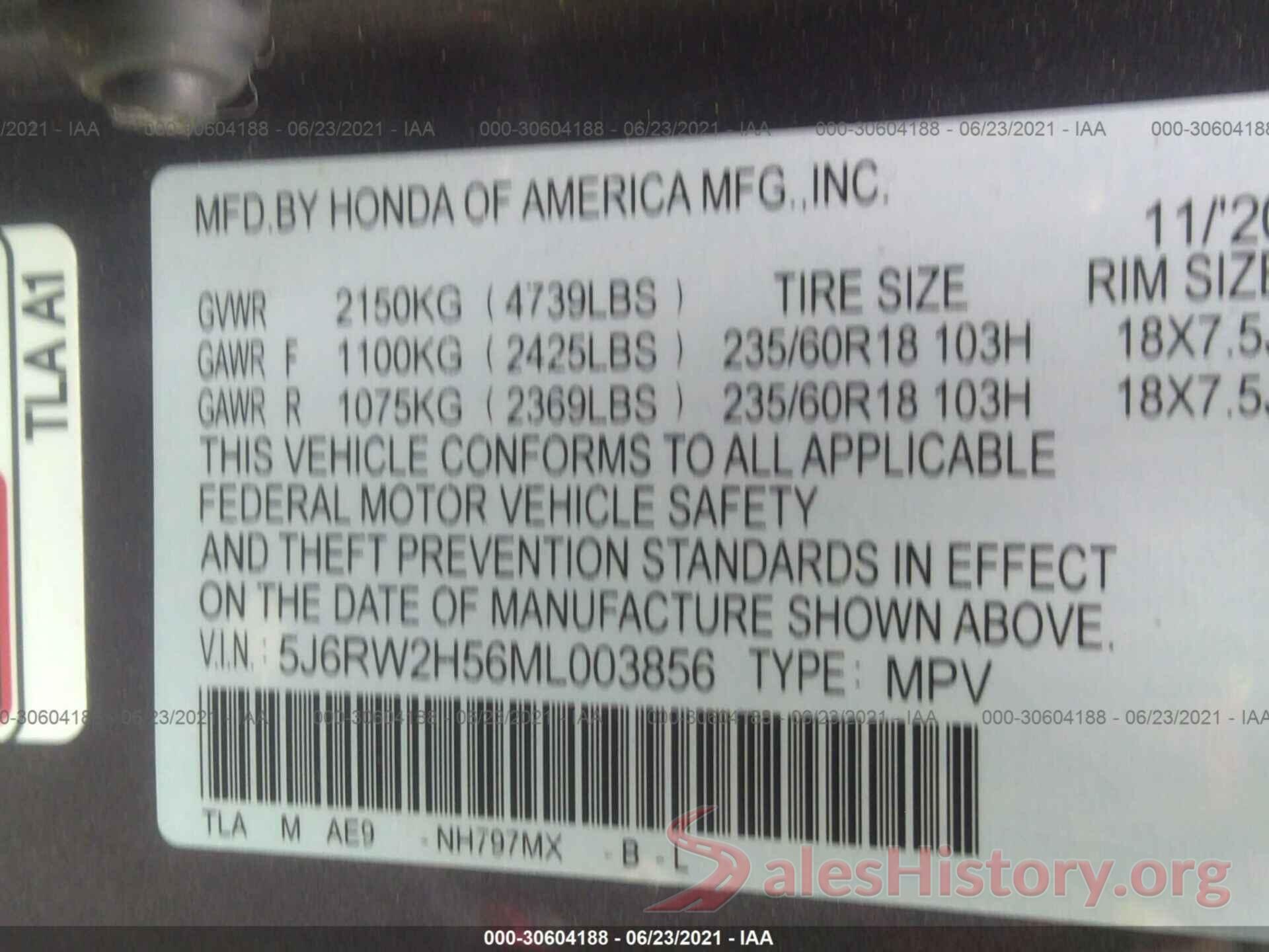 5J6RW2H56ML003856 2021 HONDA CR-V