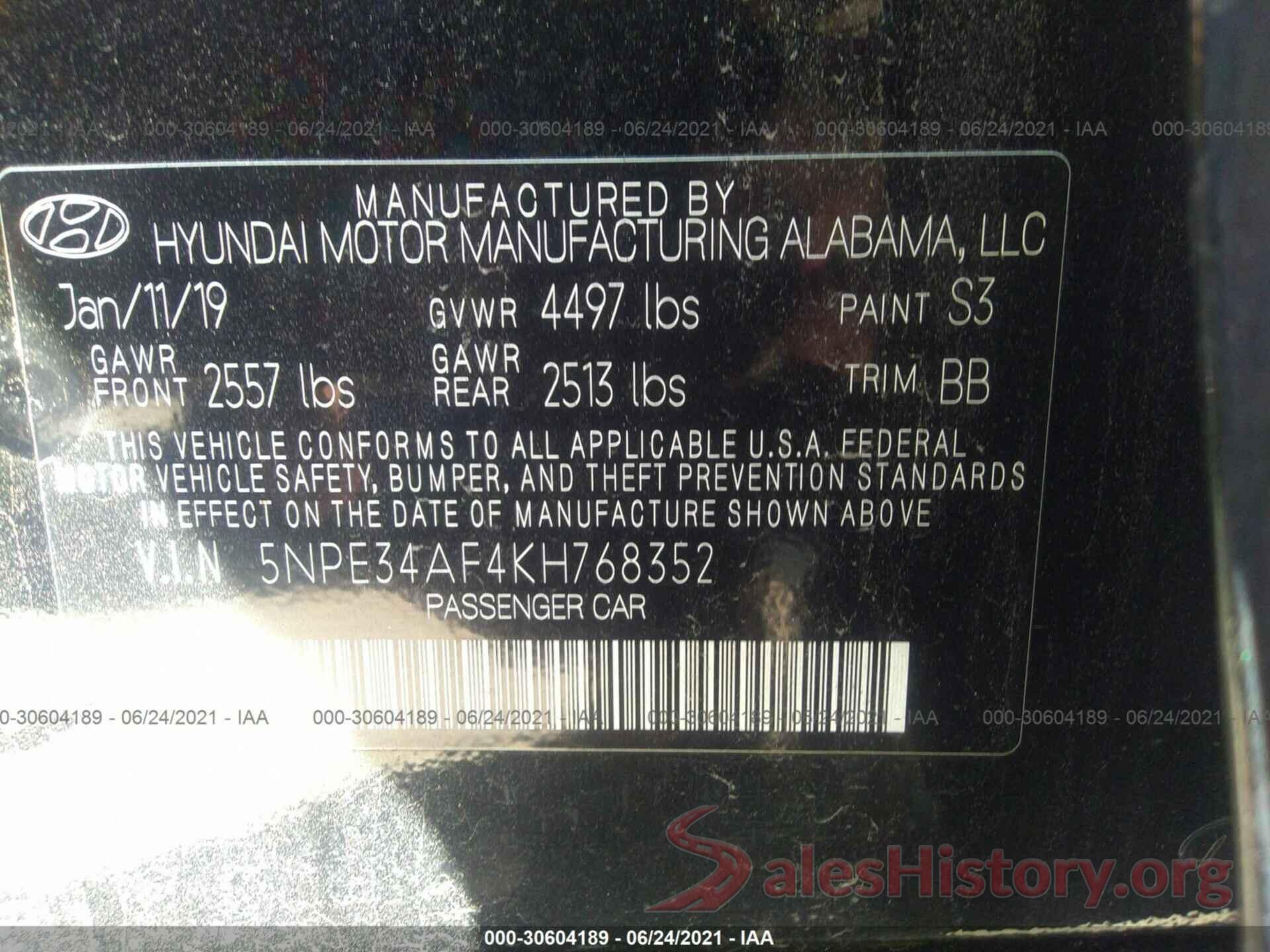 5NPE34AF4KH768352 2019 HYUNDAI SONATA