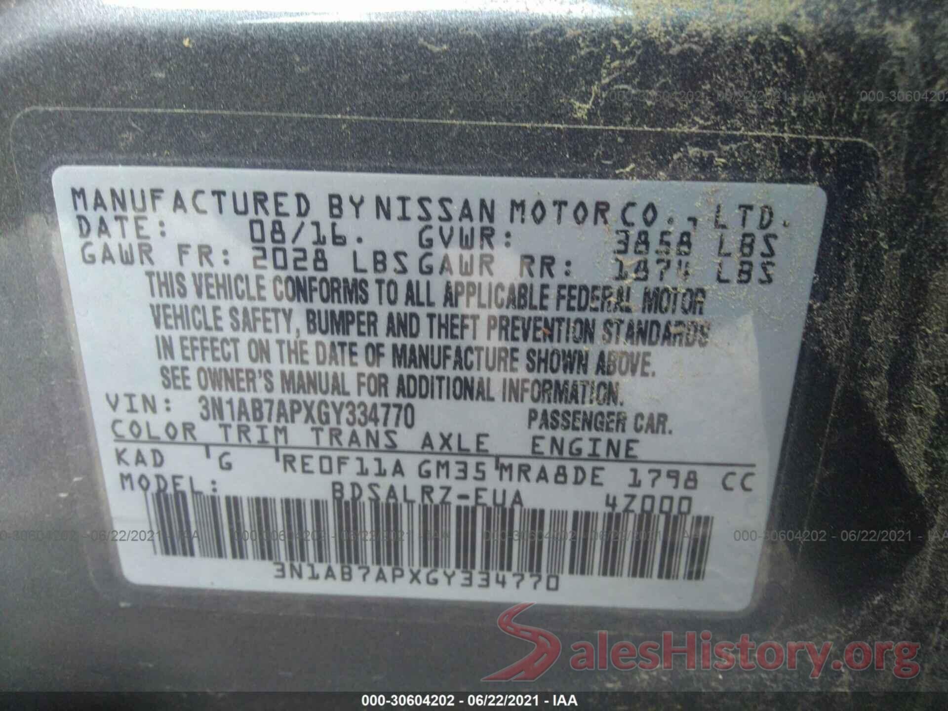 3N1AB7APXGY334770 2016 NISSAN SENTRA