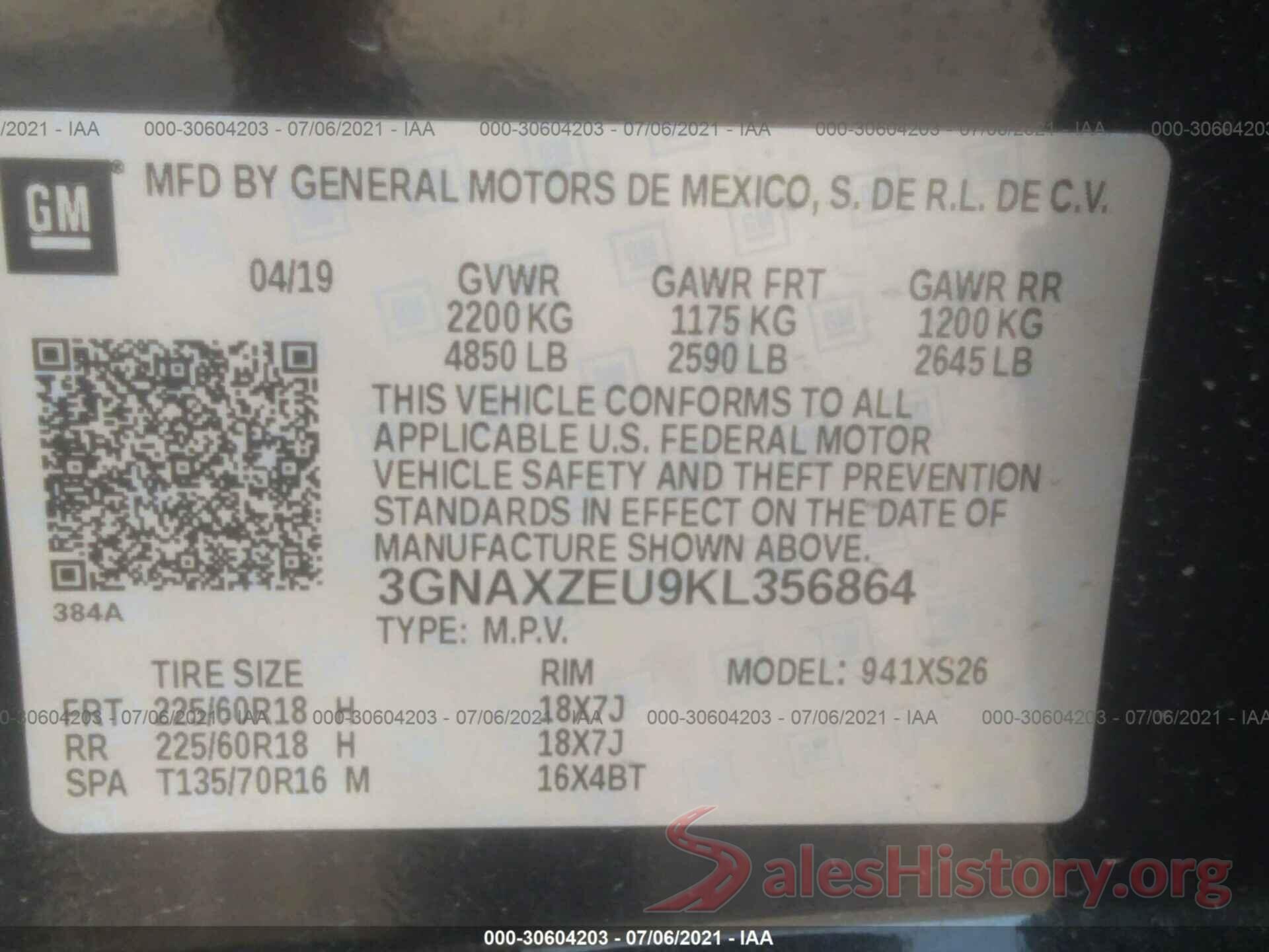 3GNAXZEU9KL356864 2019 CHEVROLET EQUINOX