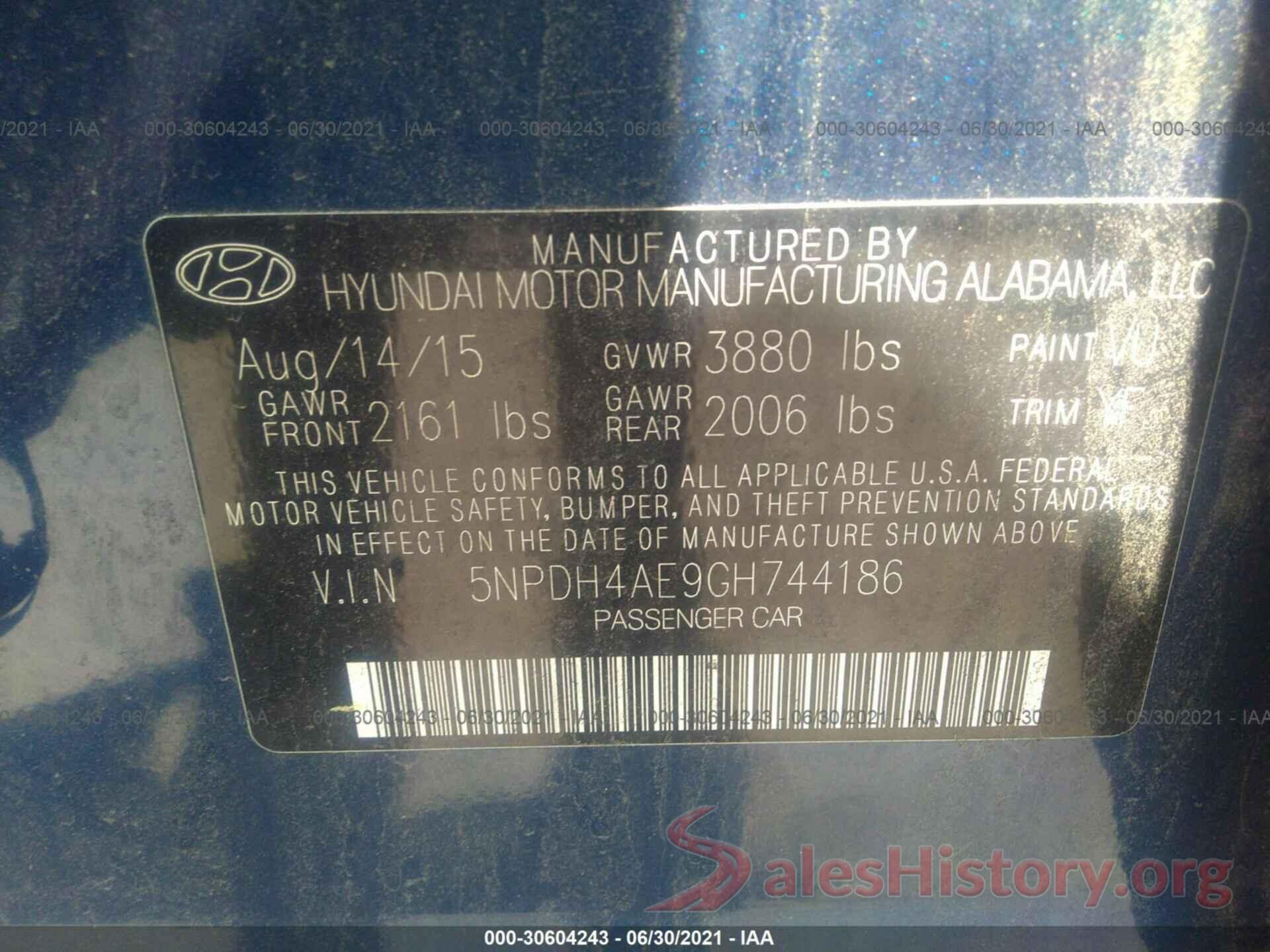 5NPDH4AE9GH744186 2016 HYUNDAI ELANTRA