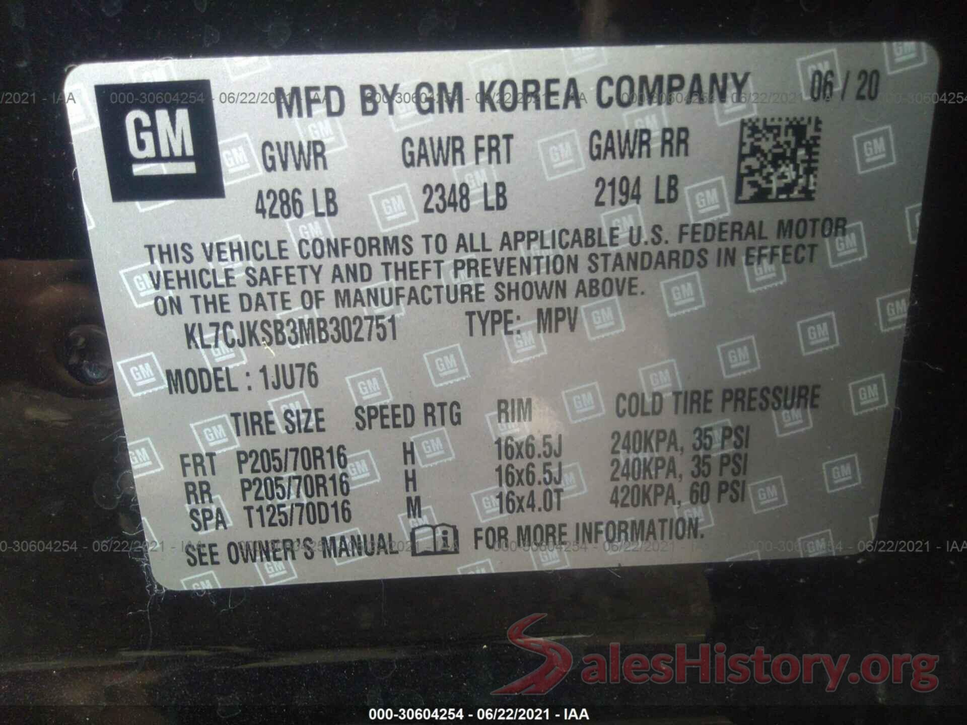 KL7CJKSB3MB302751 2021 CHEVROLET TRAX