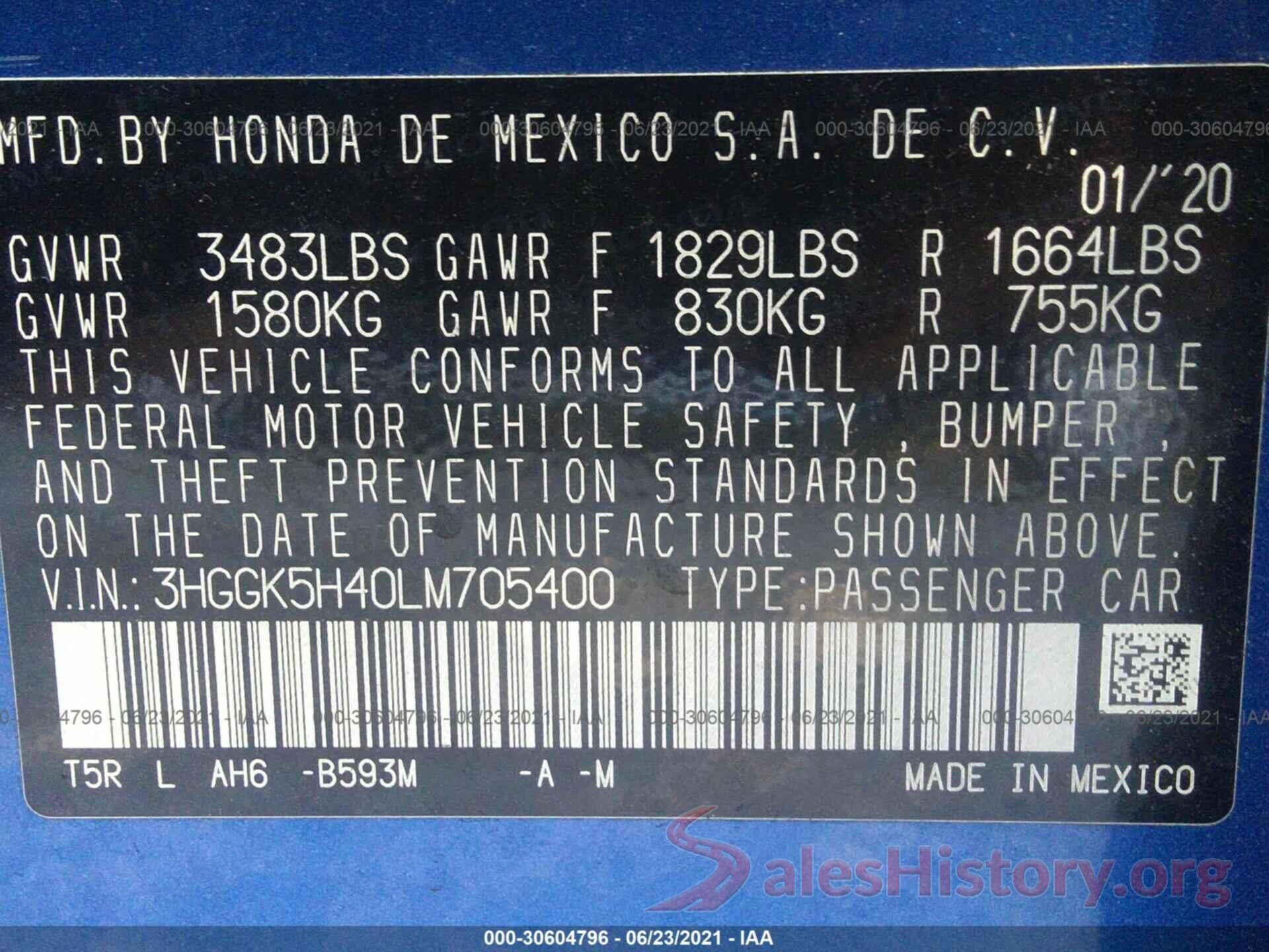 3HGGK5H40LM705400 2020 HONDA FIT