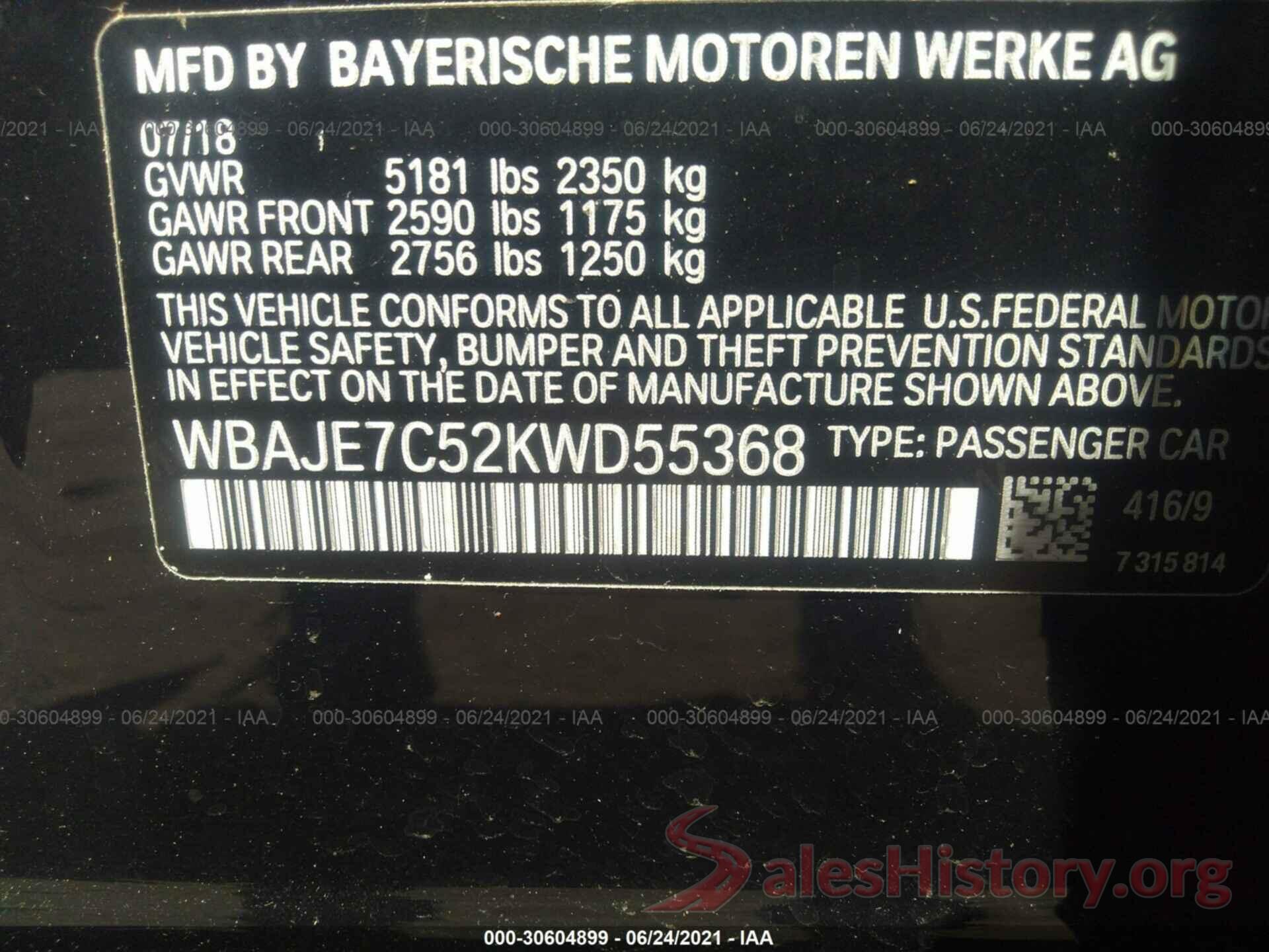 WBAJE7C52KWD55368 2019 BMW 5 SERIES