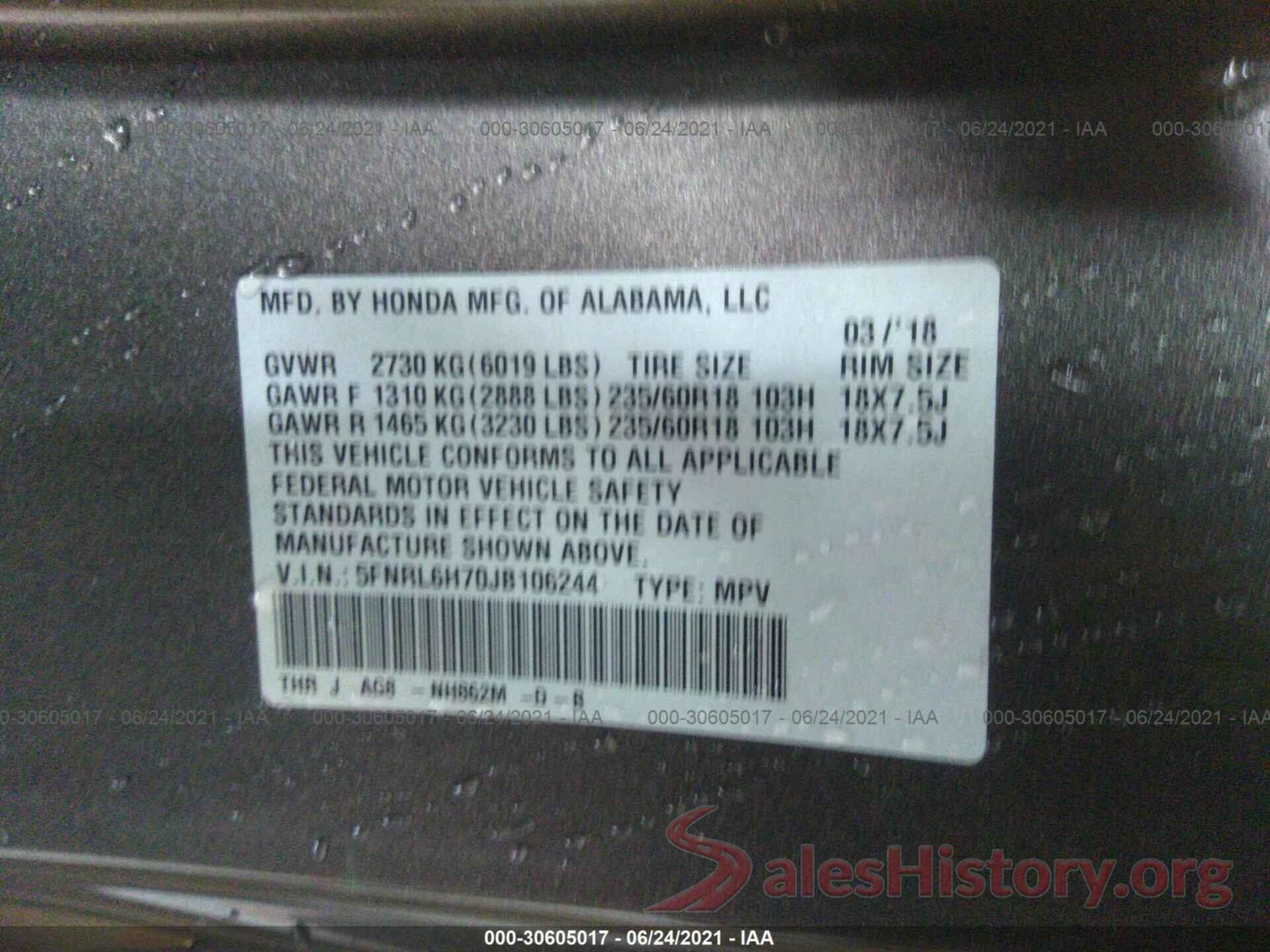 5FNRL6H70JB106244 2018 HONDA ODYSSEY