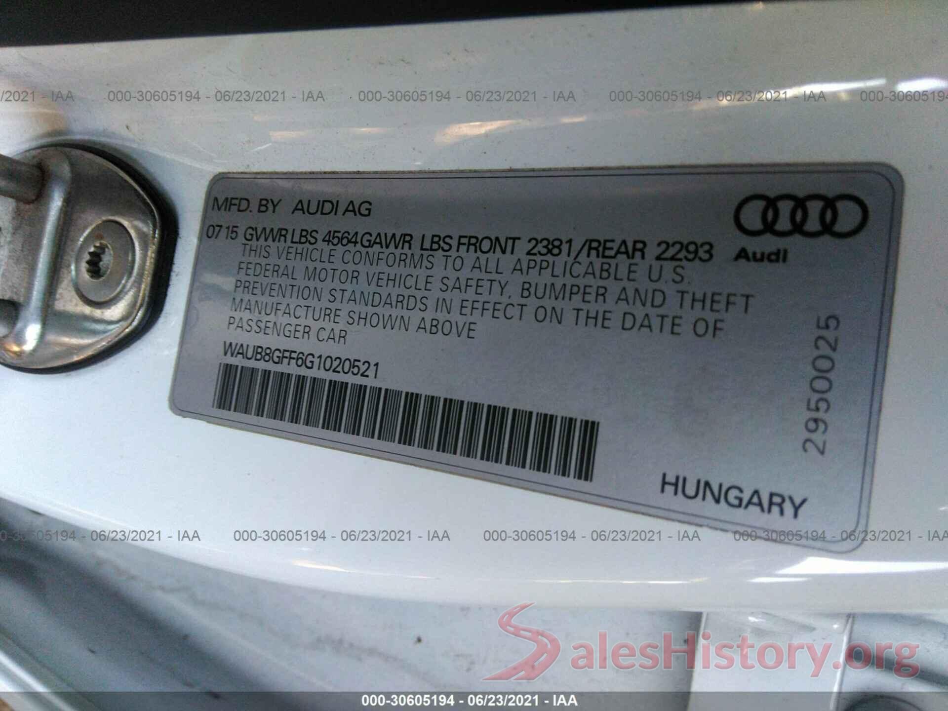 WAUB8GFF6G1020521 2016 AUDI A3