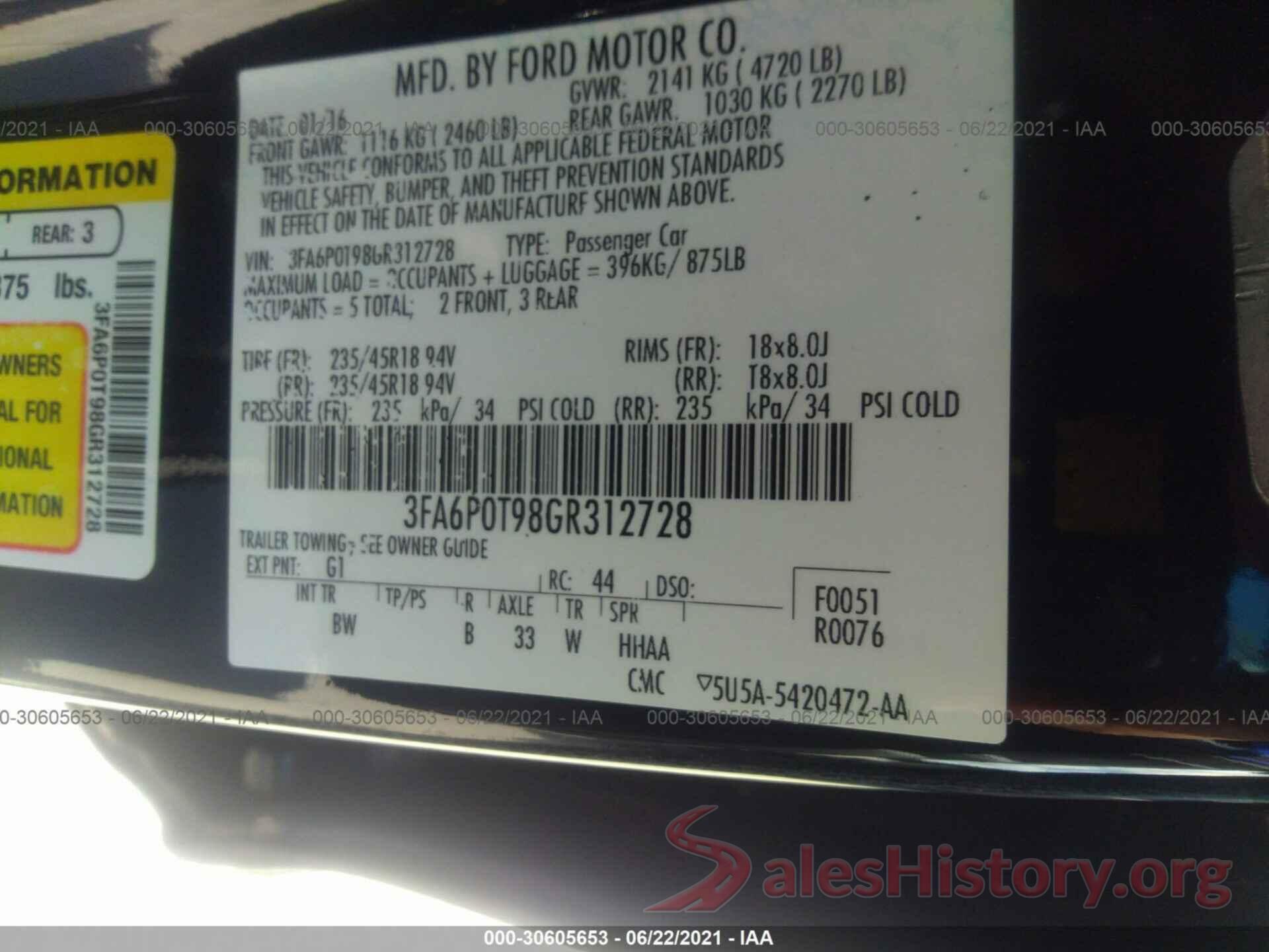 3FA6P0T98GR312728 2016 FORD FUSION