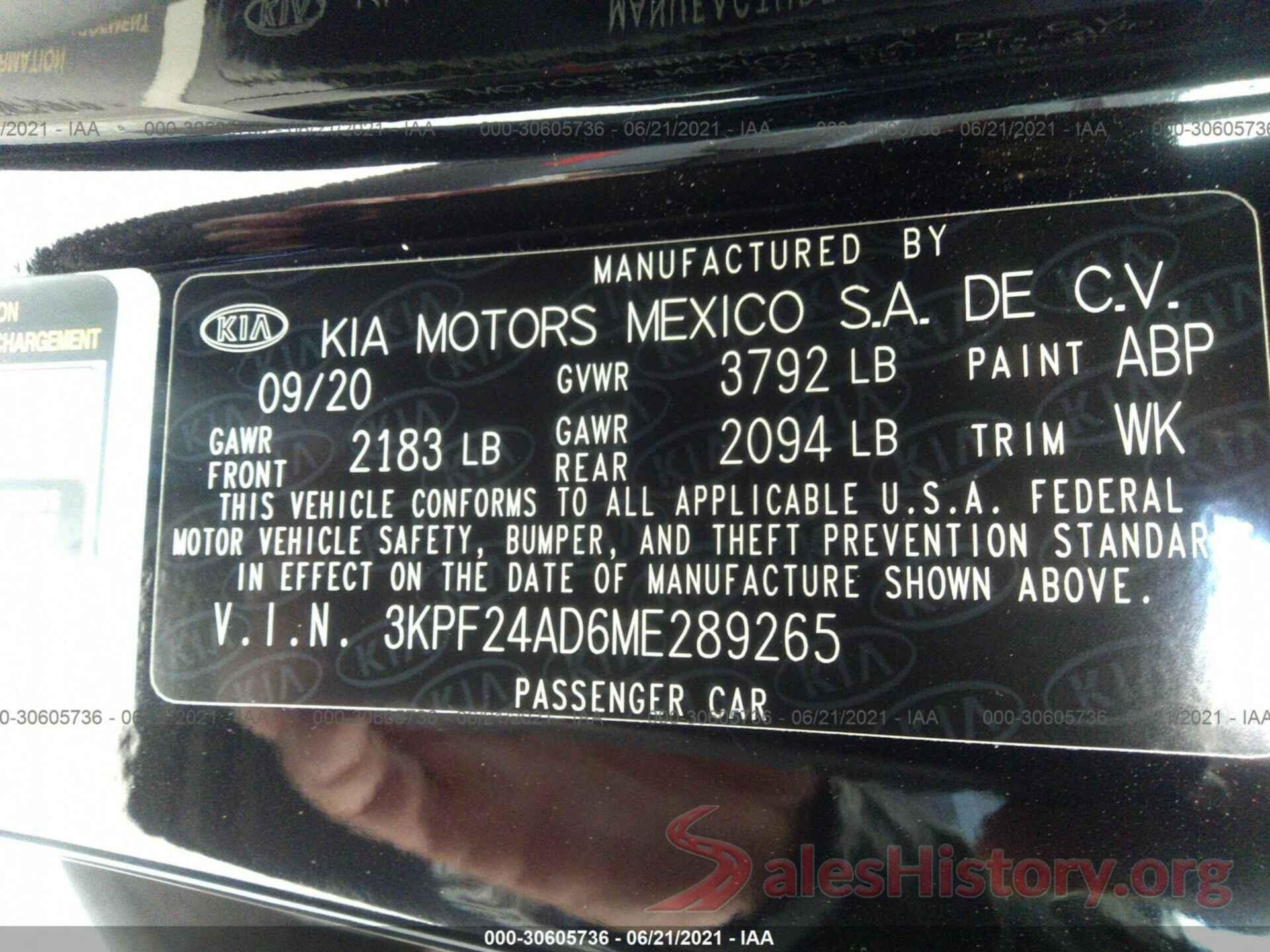 3KPF24AD6ME289265 2021 KIA FORTE