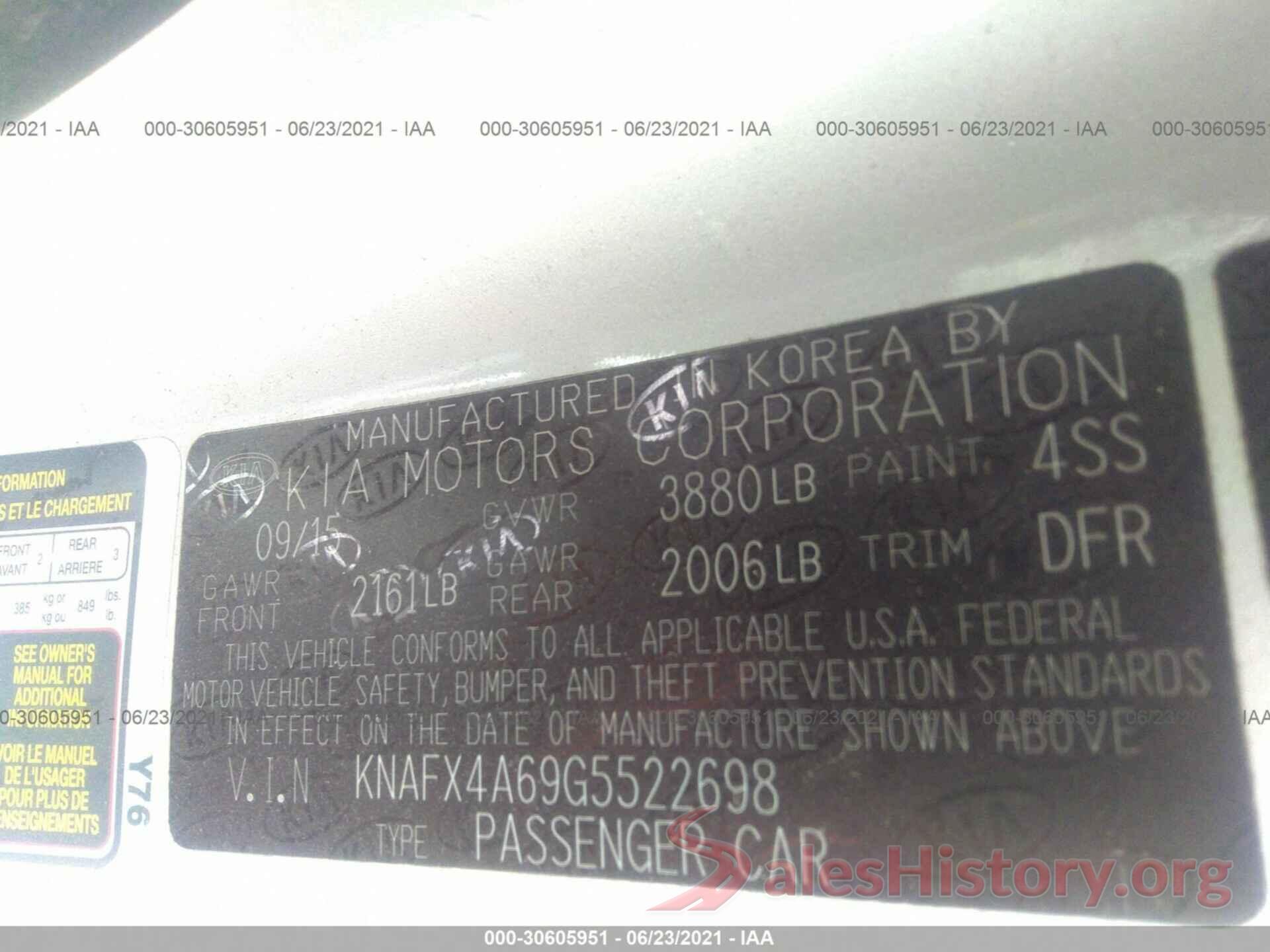 KNAFX4A69G5522698 2016 KIA FORTE