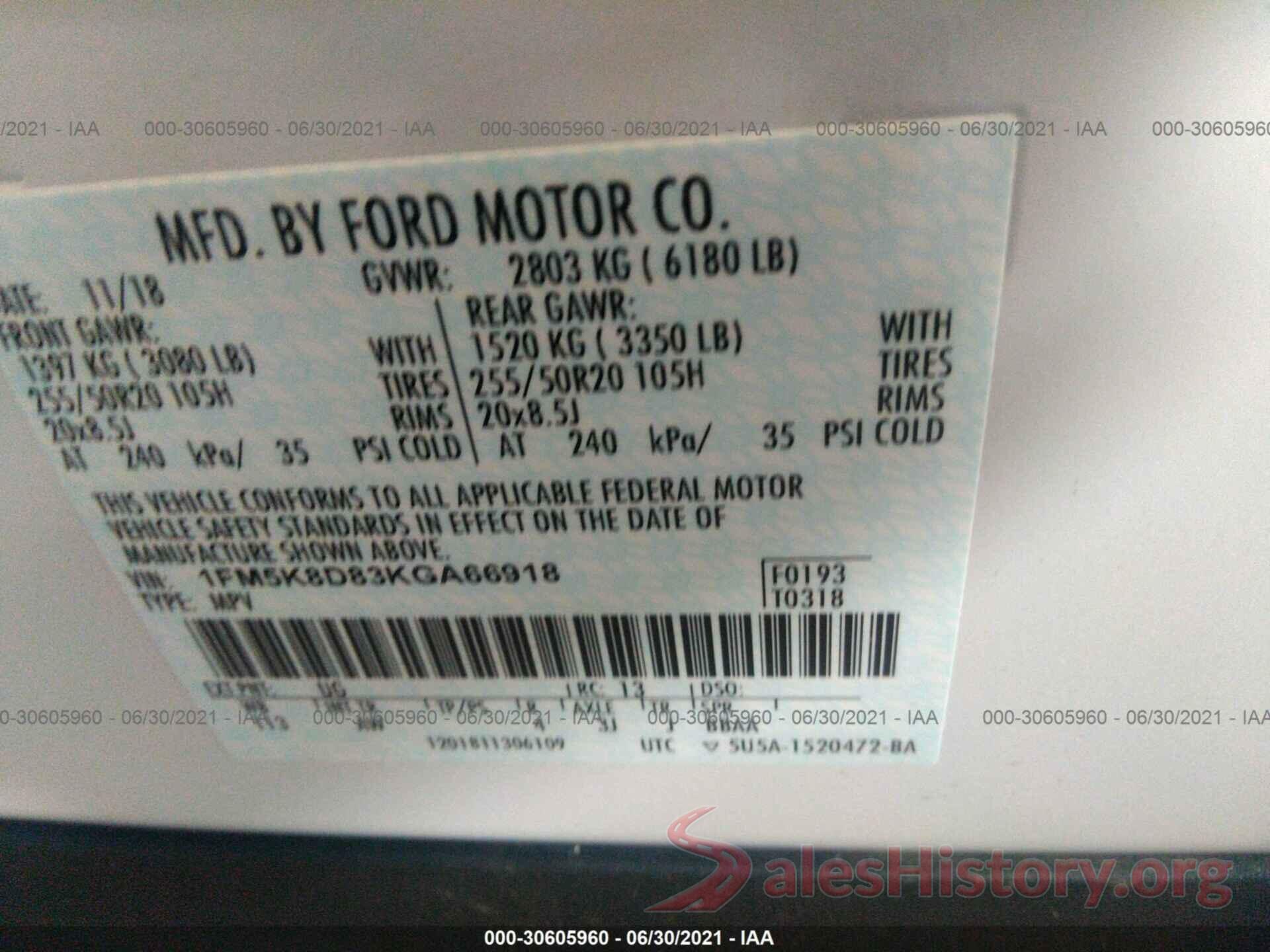 1FM5K8D83KGA66918 2019 FORD EXPLORER