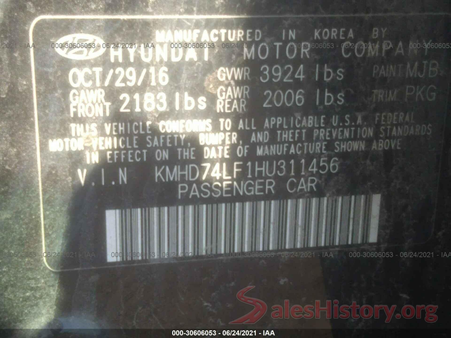 KMHD74LF1HU311456 2017 HYUNDAI ELANTRA