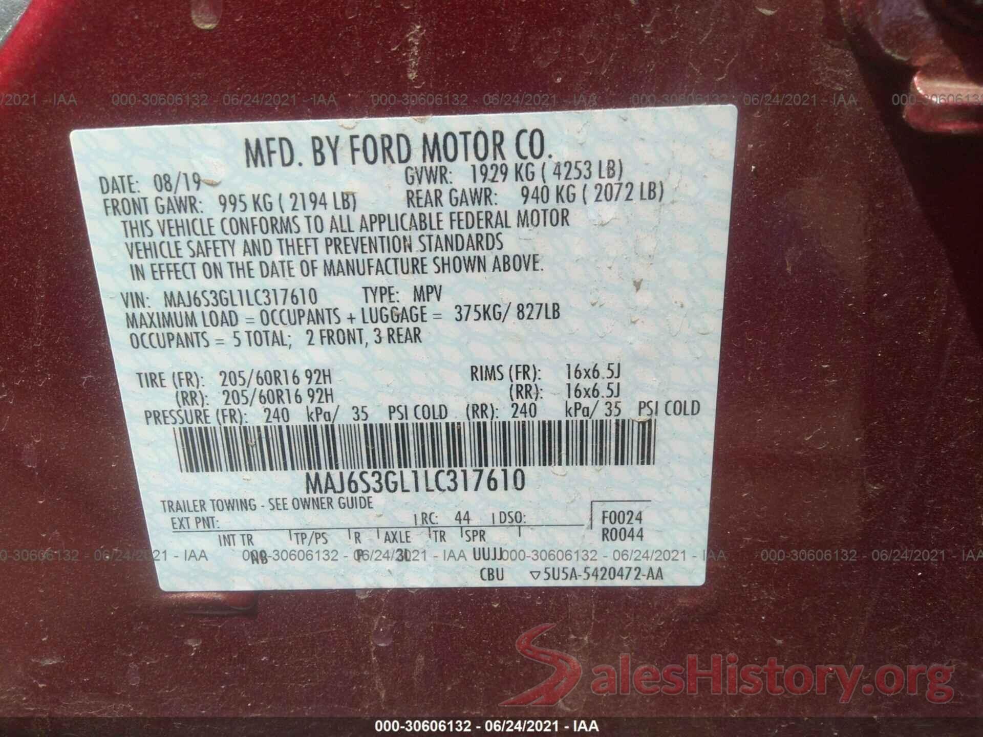 MAJ6S3GL1LC317610 2020 FORD ECOSPORT