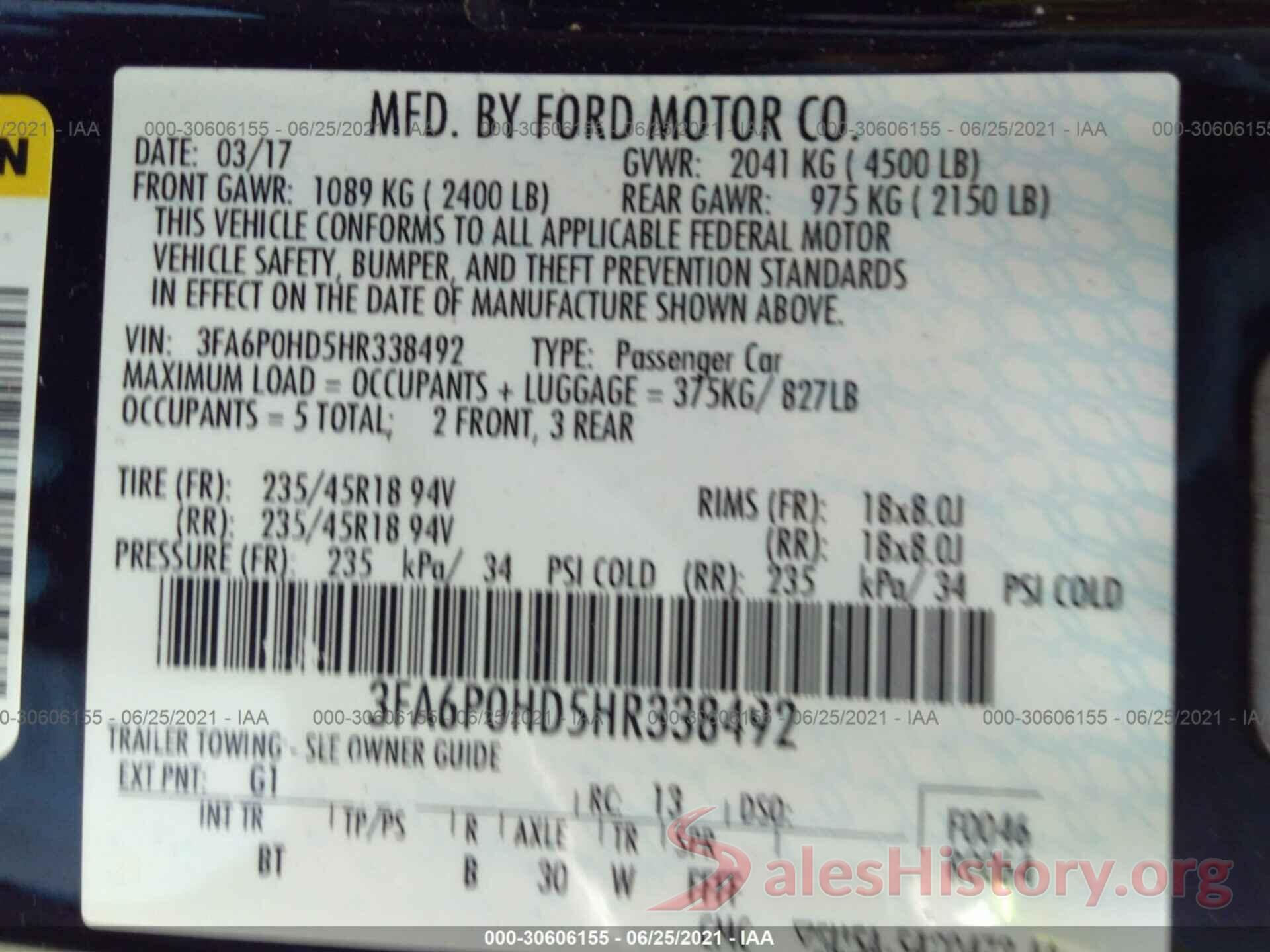 3FA6P0HD5HR338492 2017 FORD FUSION