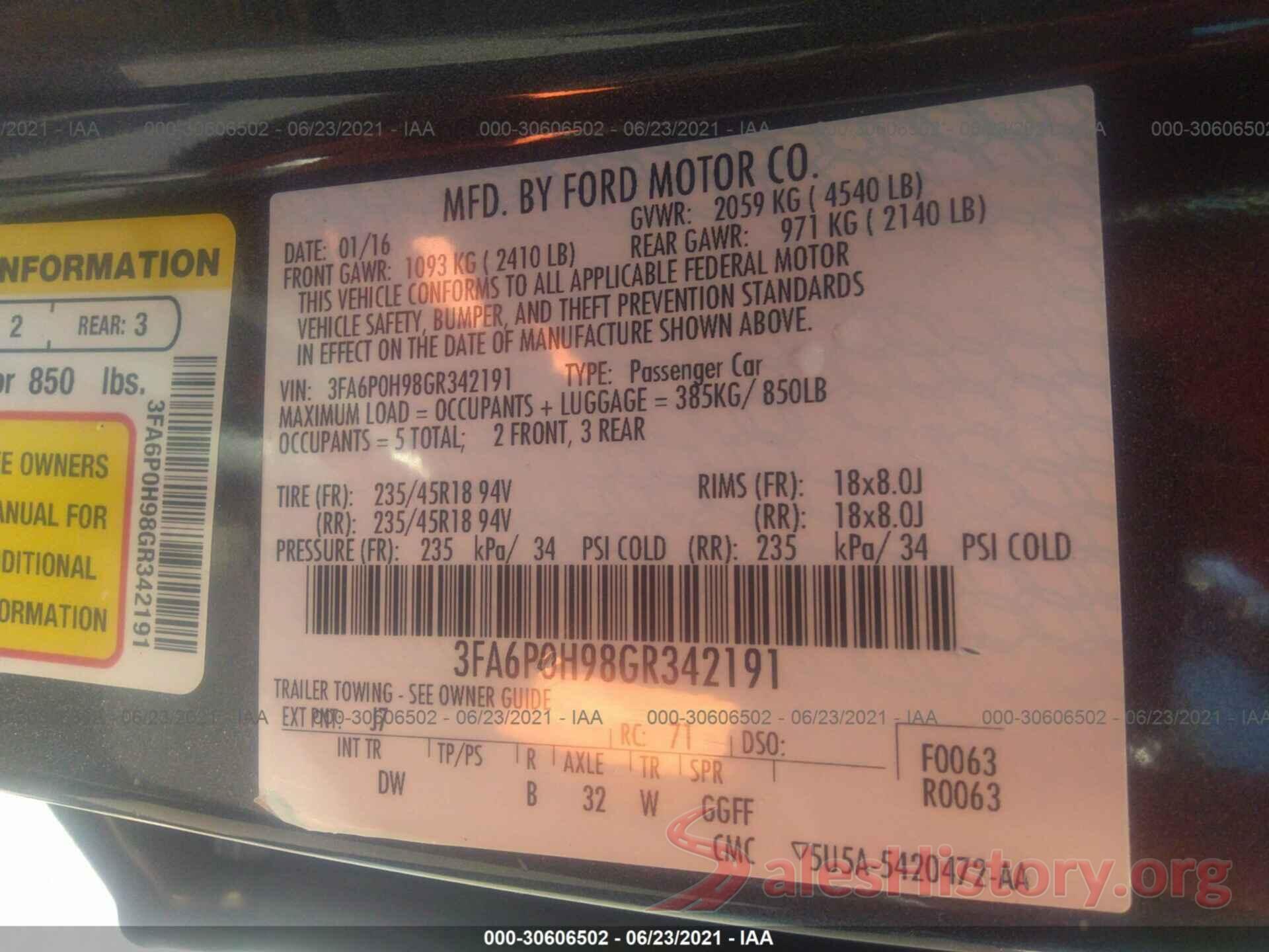 3FA6P0H98GR342191 2016 FORD FUSION