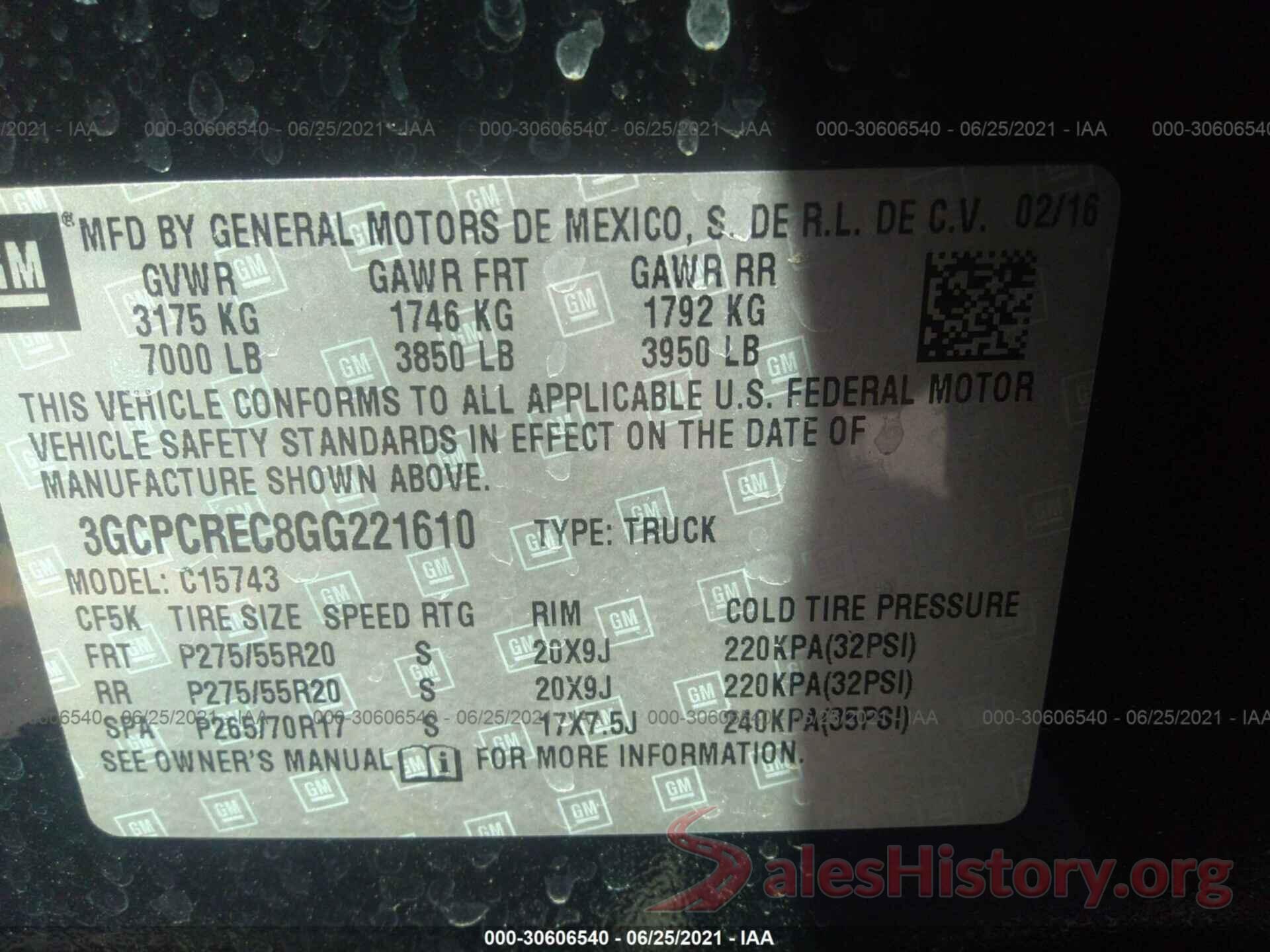 3GCPCREC8GG221610 2016 CHEVROLET SILVERADO 1500