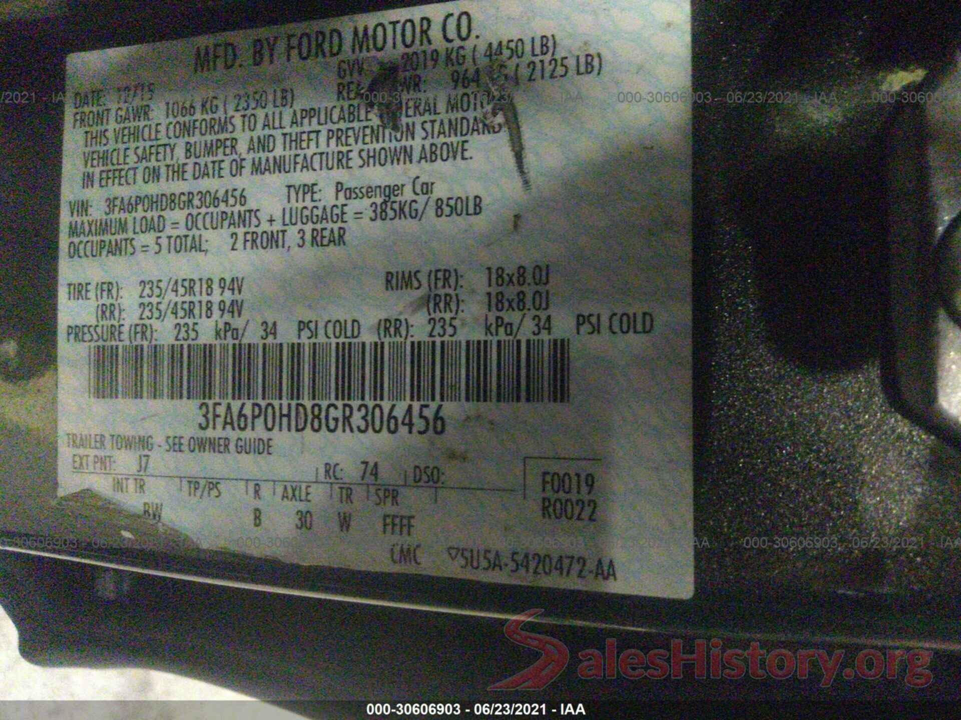 3FA6P0HD8GR306456 2016 FORD FUSION