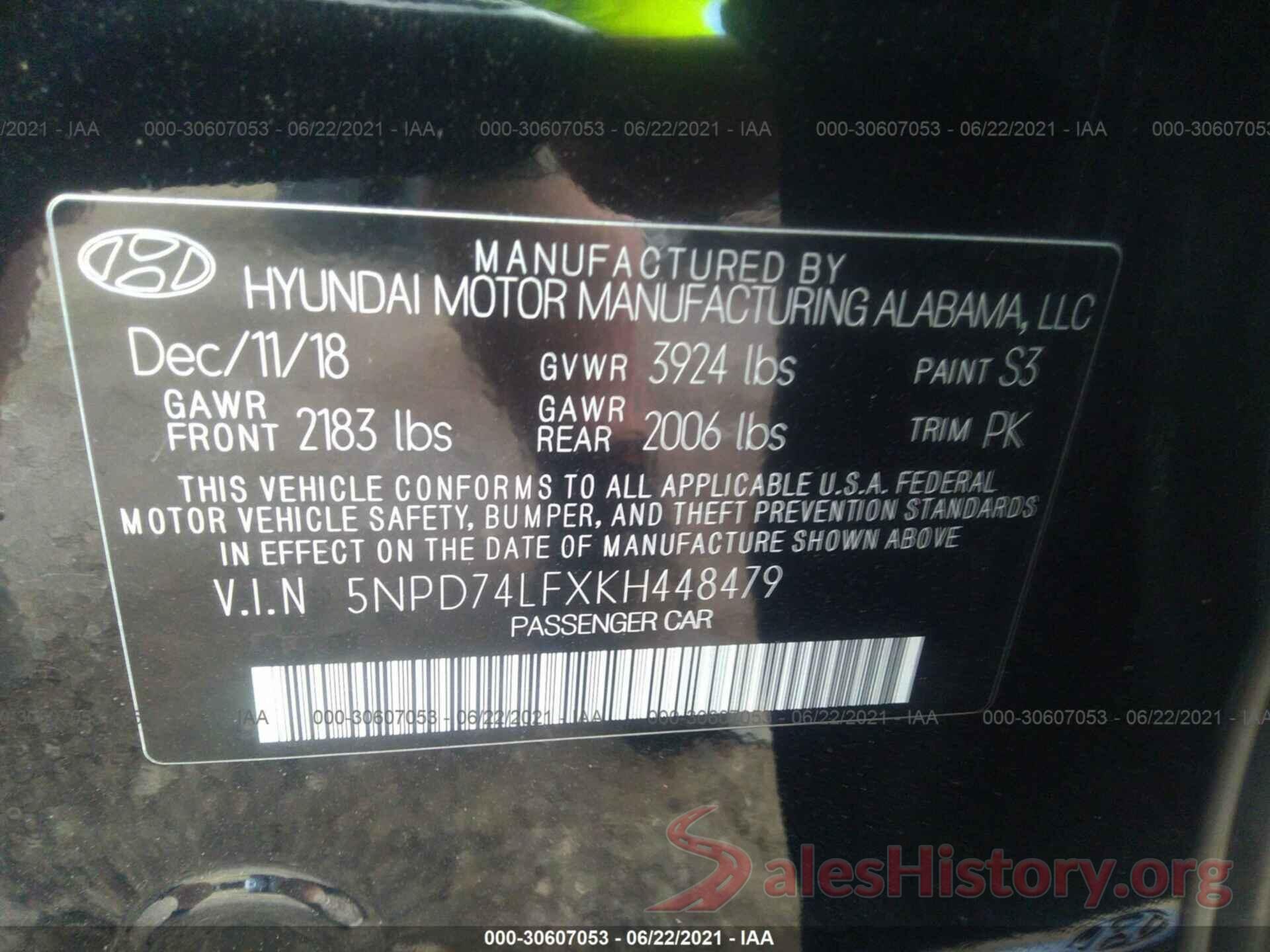 5NPD74LFXKH448479 2019 HYUNDAI ELANTRA