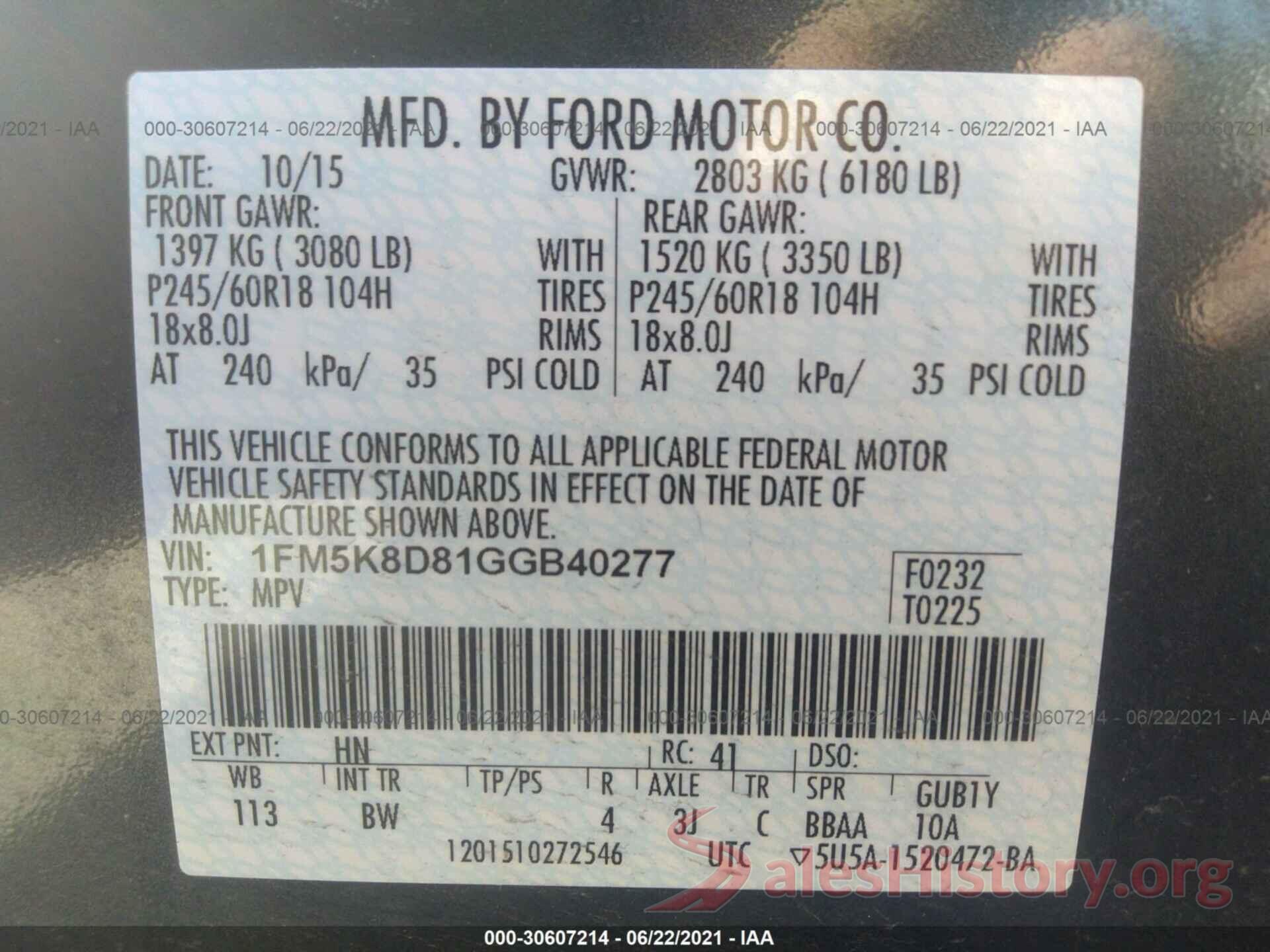 1FM5K8D81GGB40277 2016 FORD EXPLORER