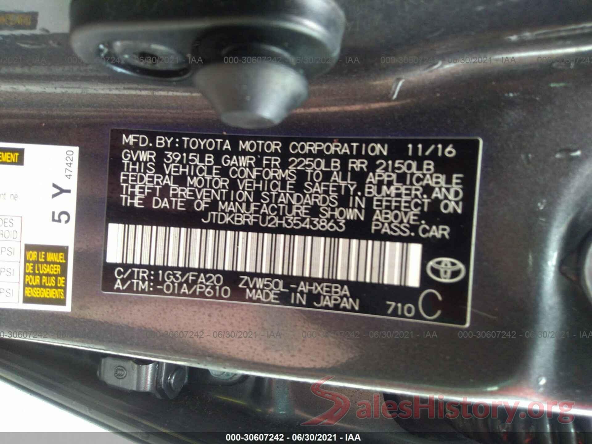 JTDKBRFU2H3543863 2017 TOYOTA PRIUS