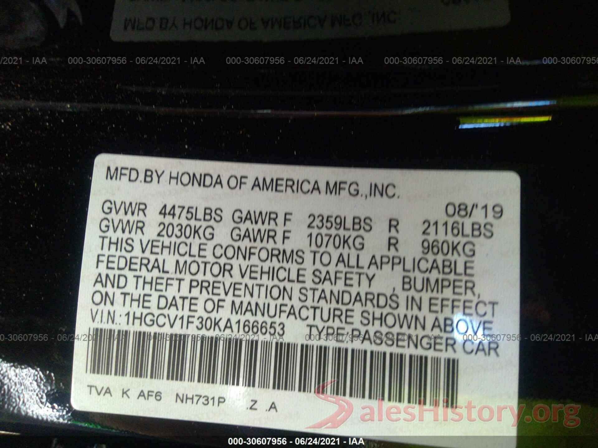 1HGCV1F30KA166653 2019 HONDA ACCORD SEDAN