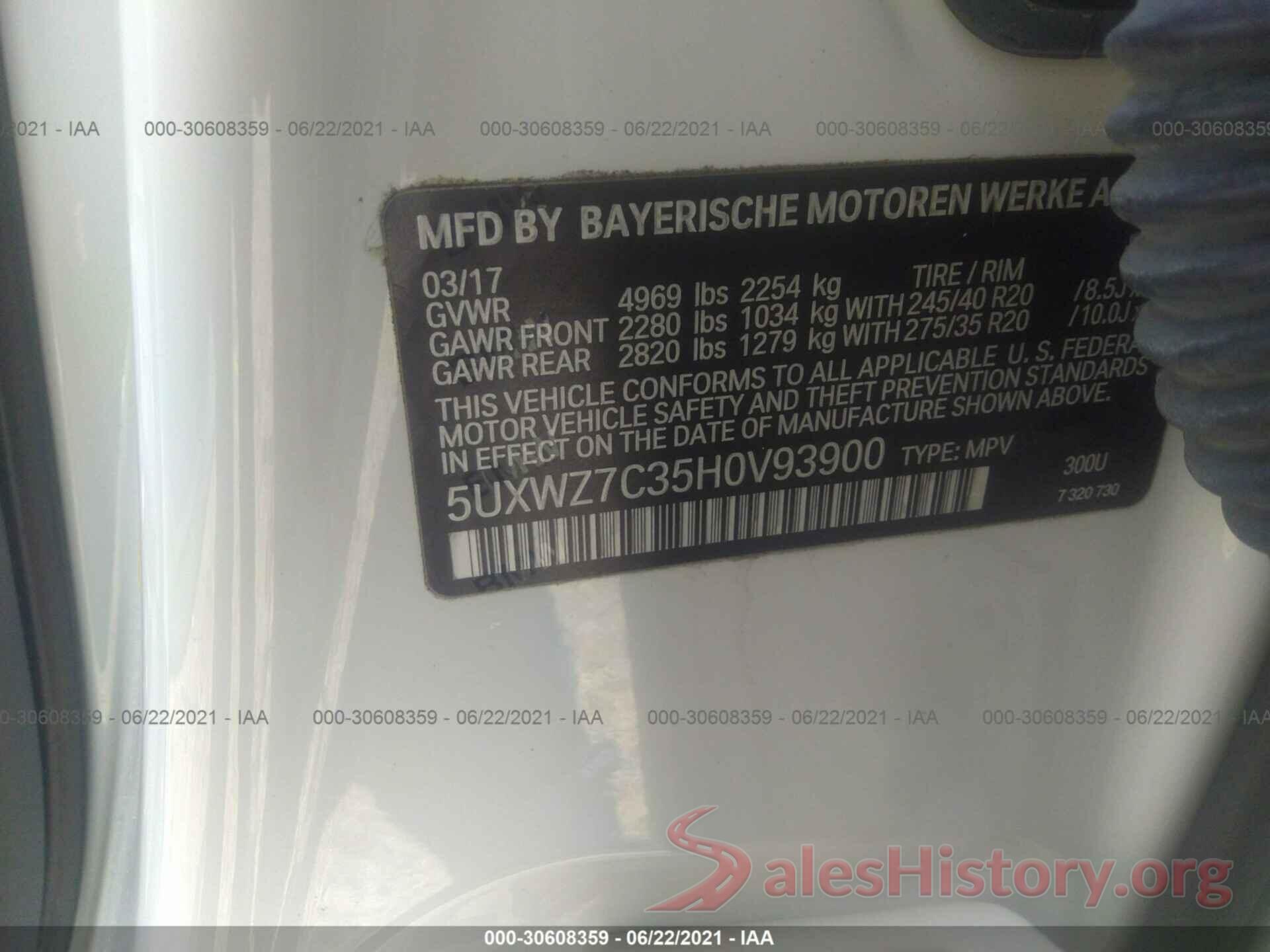 5UXWZ7C35H0V93900 2017 BMW X3