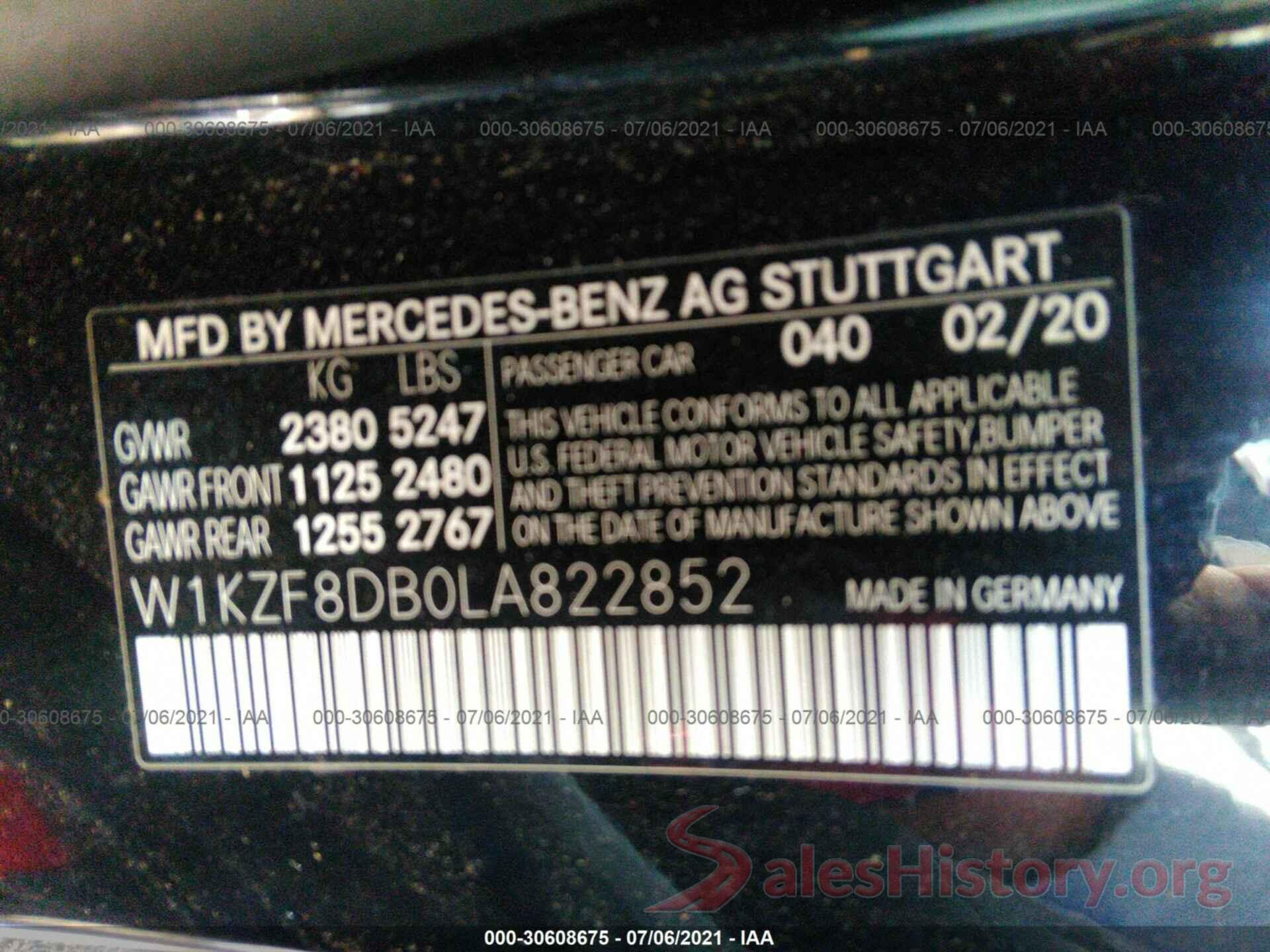 W1KZF8DB0LA822852 2020 MERCEDES-BENZ E-CLASS