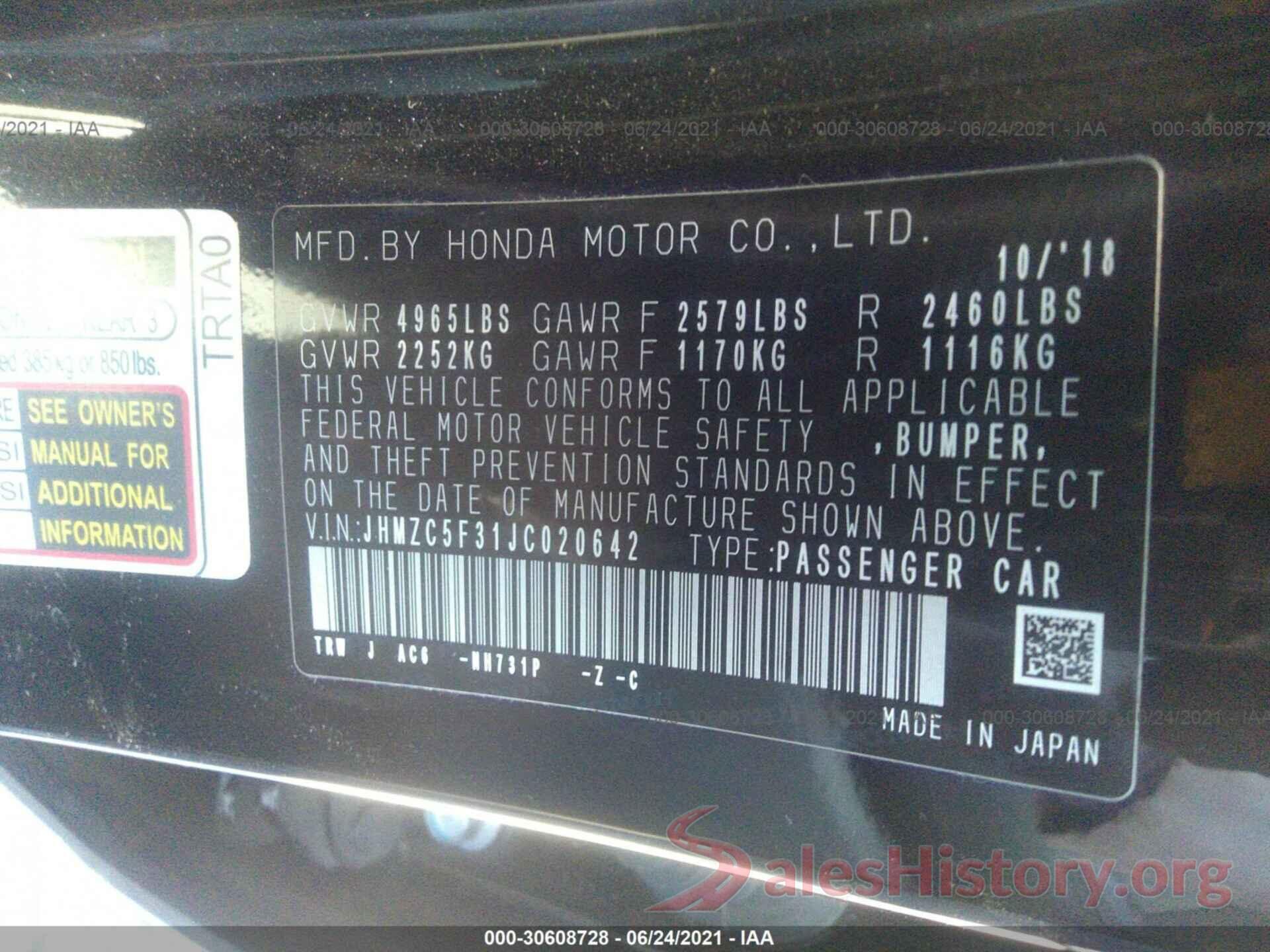 JHMZC5F31JC020642 2018 HONDA CLARITY PLUG-IN HYBRID