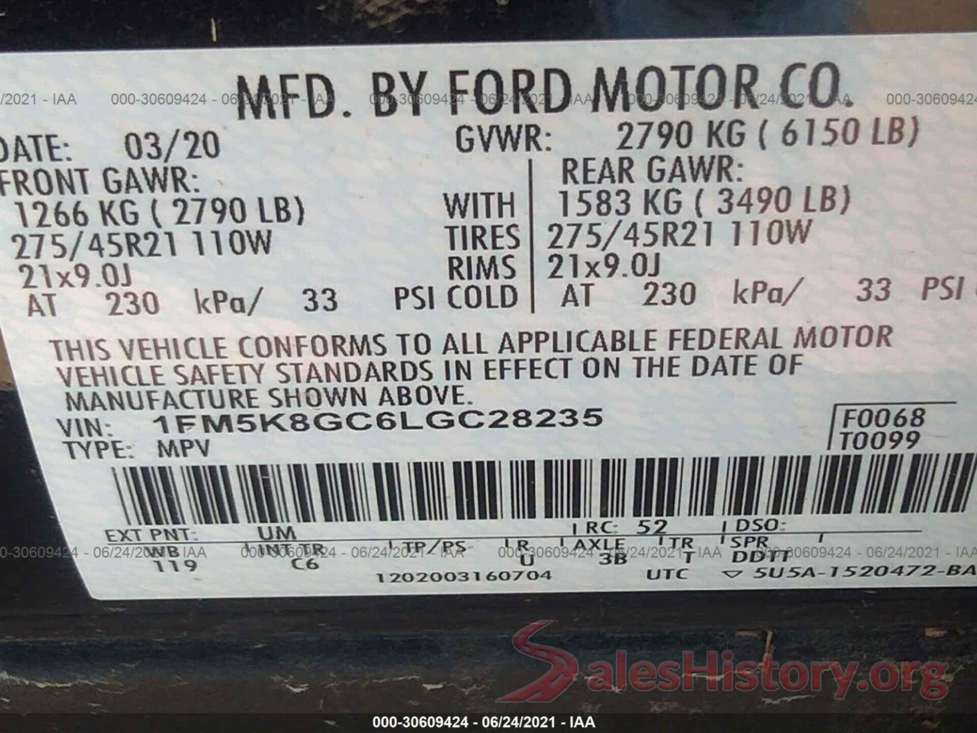 1FM5K8GC6LGC28235 2020 FORD EXPLORER