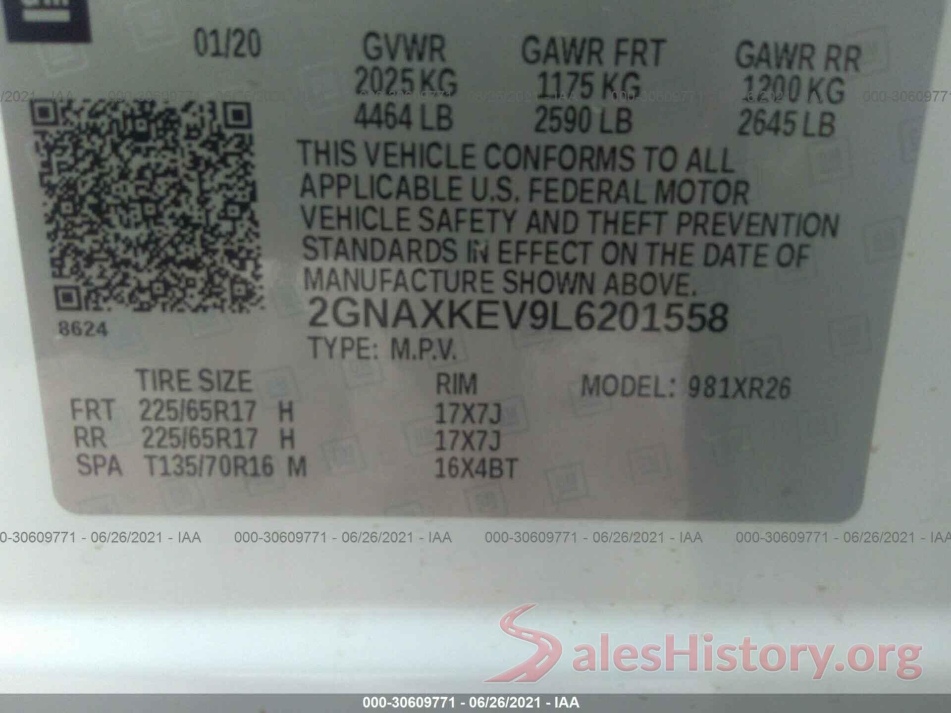 2GNAXKEV9L6201558 2020 CHEVROLET EQUINOX