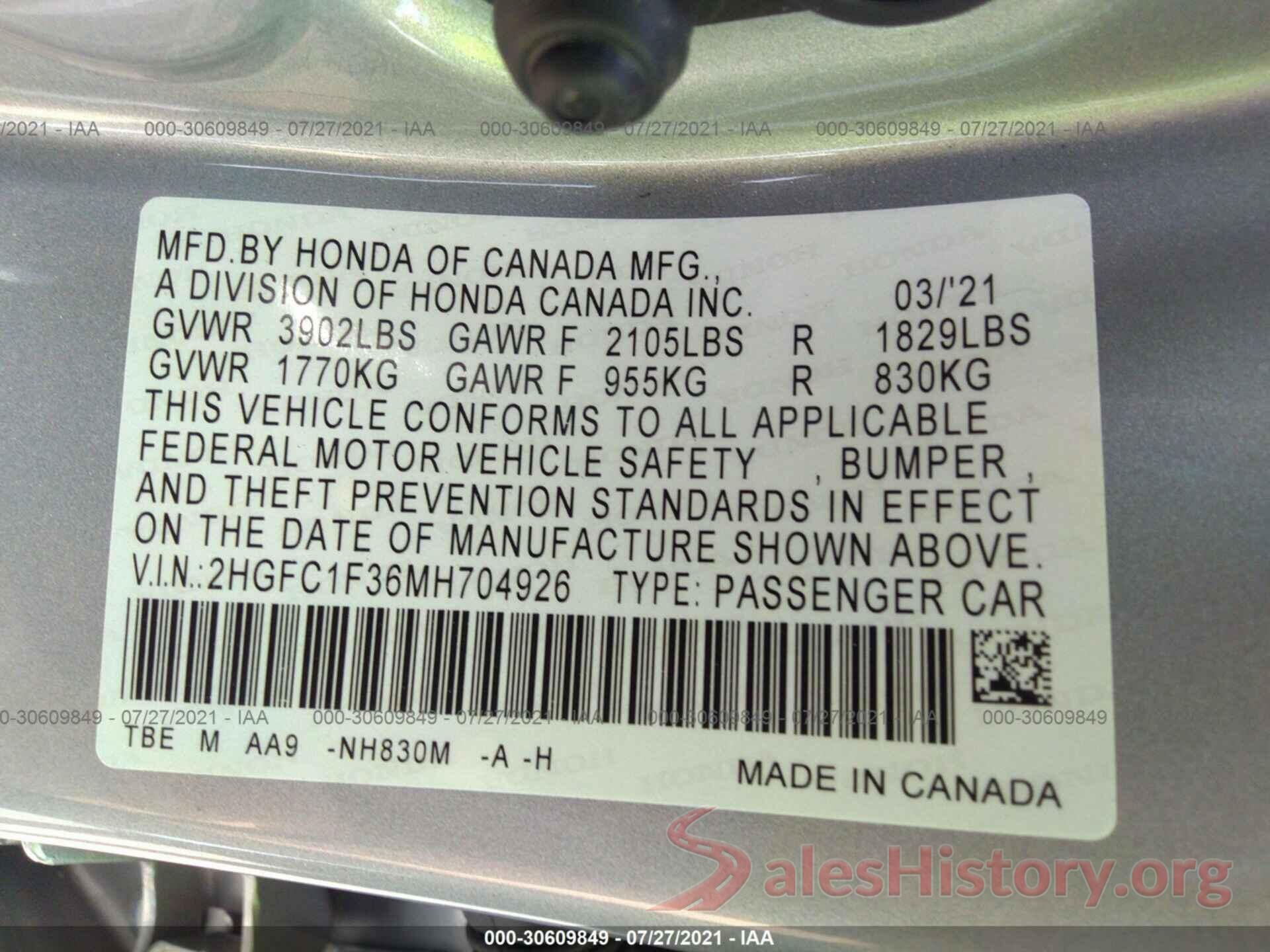 2HGFC1F36MH704926 2021 HONDA CIVIC SEDAN