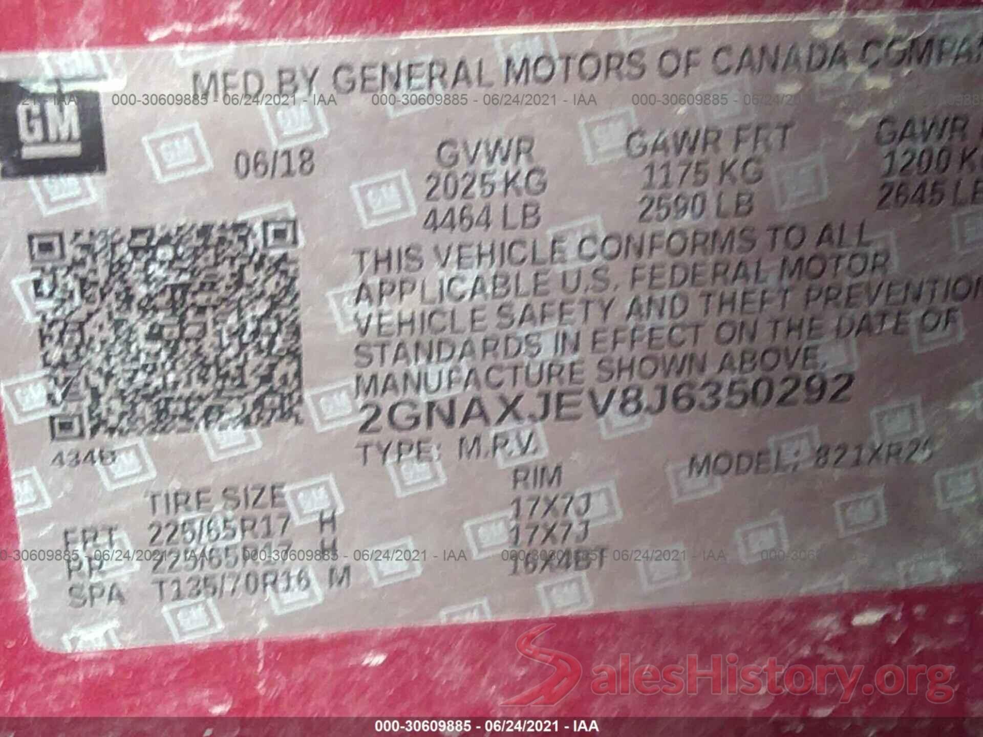 2GNAXJEV8J6350292 2018 CHEVROLET EQUINOX