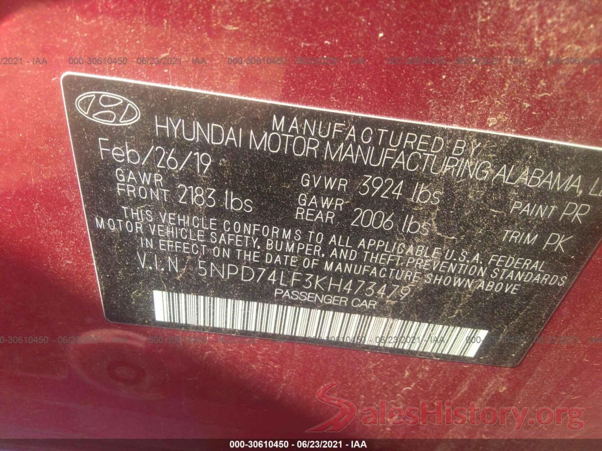 5NPD74LF3KH473479 2019 HYUNDAI ELANTRA