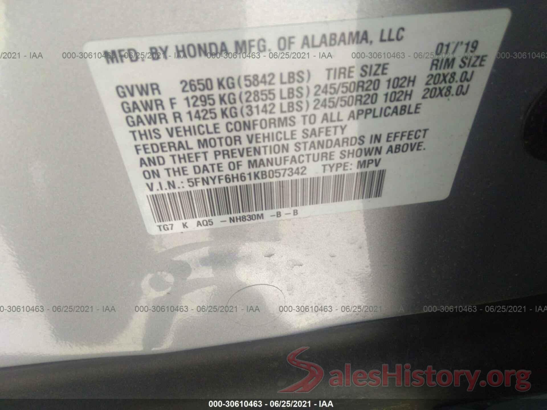 5FNYF6H61KB057342 2019 HONDA PILOT