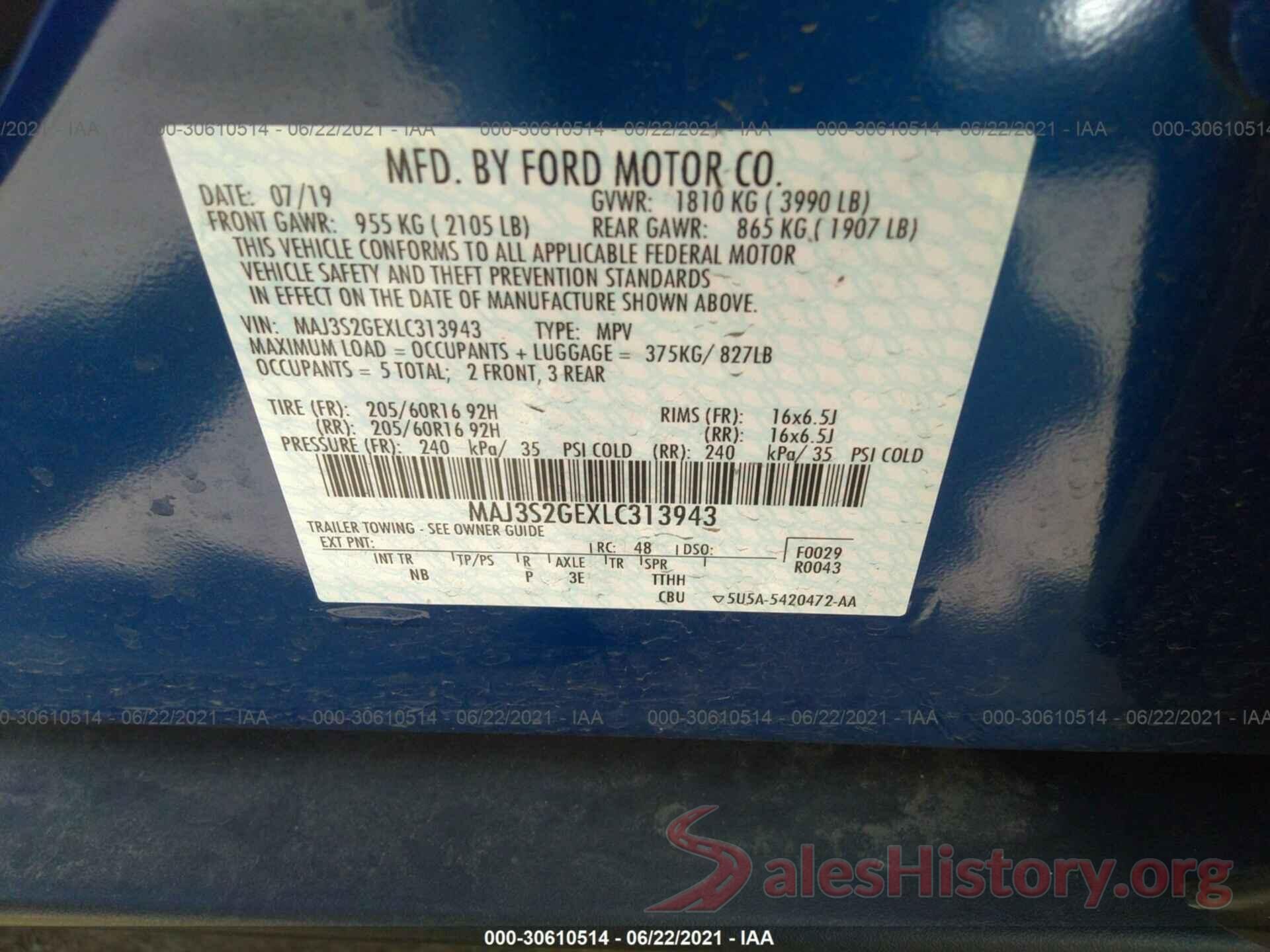 MAJ3S2GEXLC313943 2020 FORD ECOSPORT