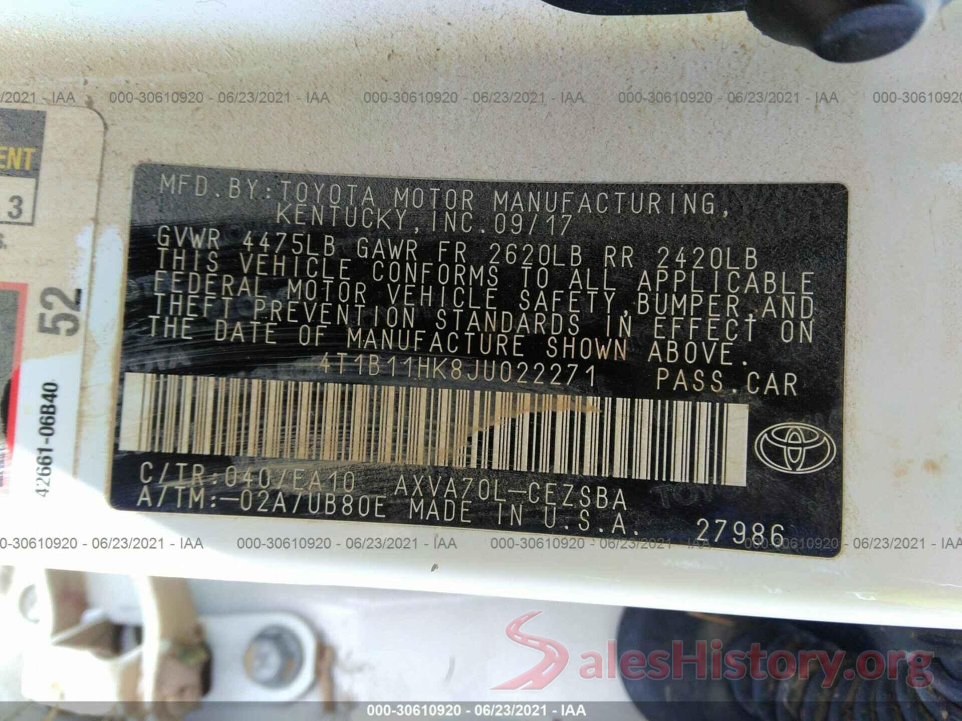 4T1B11HK8JU022271 2018 TOYOTA CAMRY